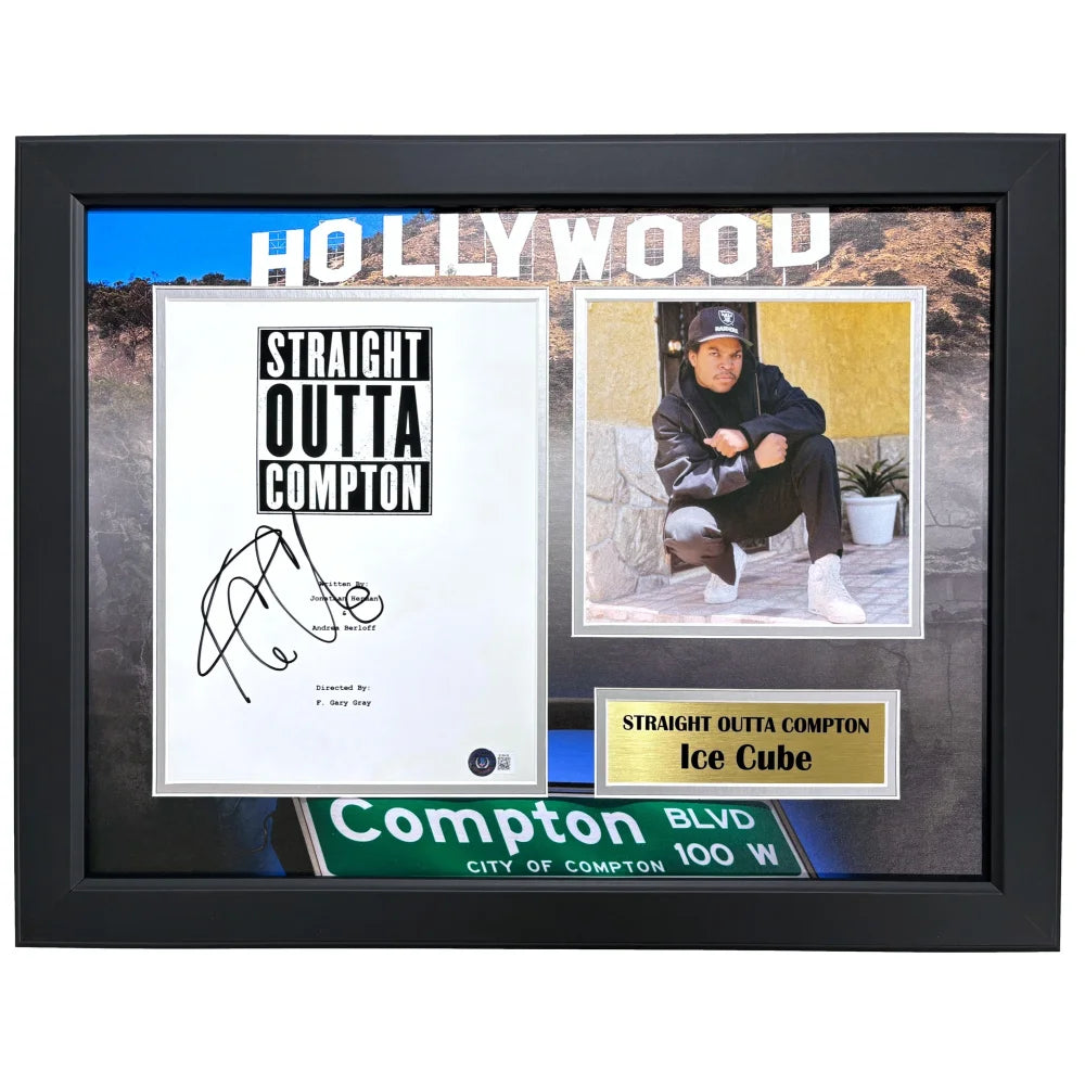 Authentic Ice Cube Autographed Straight Outta Compton Script Framed Collage with BAS COA - Signed Memorabilia for Movie Fans & Hip Hop Collectors | Perfect for Home Theater Decor, Man Cave Display, and Gift for Rap Music Enthusiasts