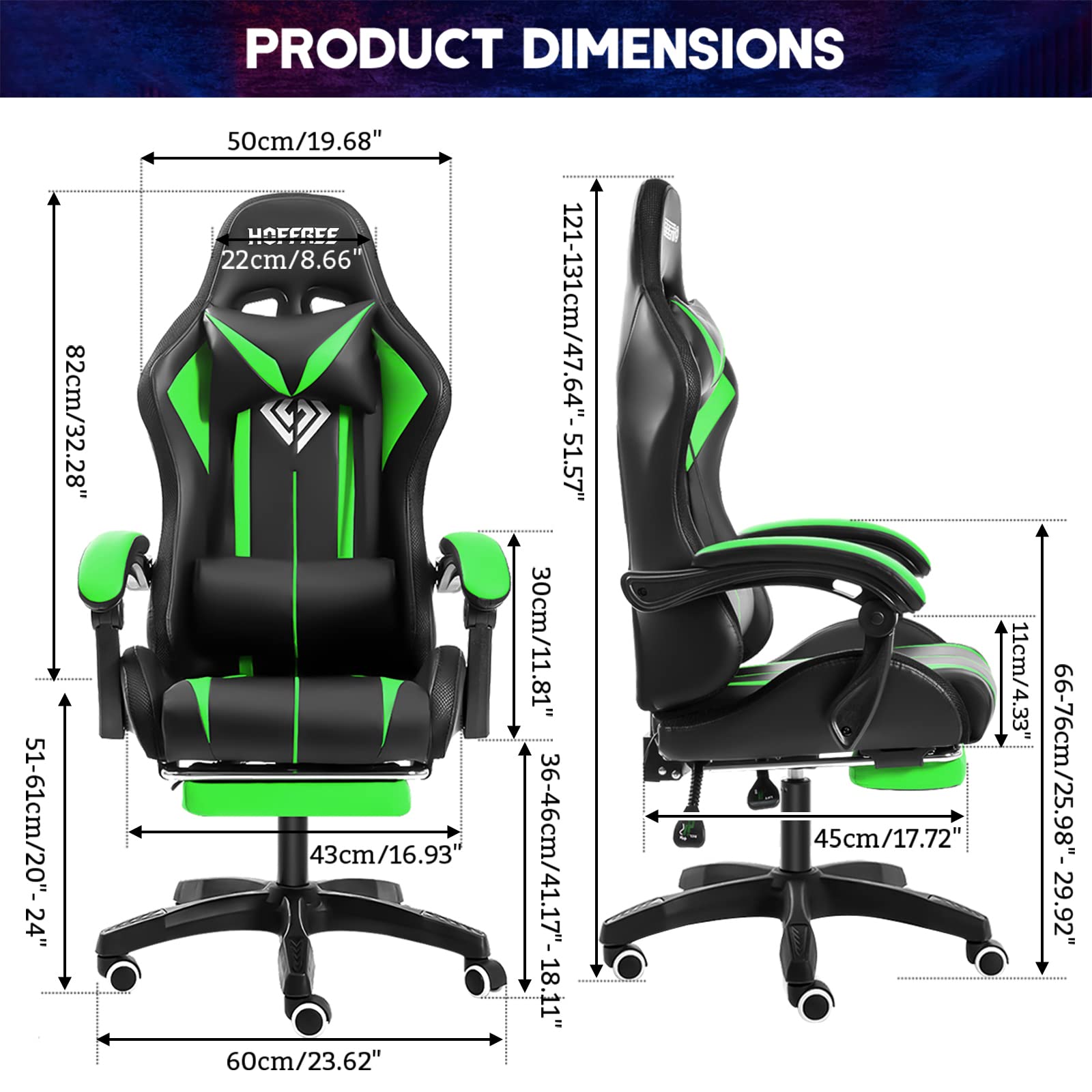 Ergonomic Gaming Chair with Massage, RGB LED Lights & Adjustable Footrest - High Back Computer Chair with Lumbar Support & Linkage Armrest (Green/Black) - Perfect for Esports, Streaming & Home Office Setup