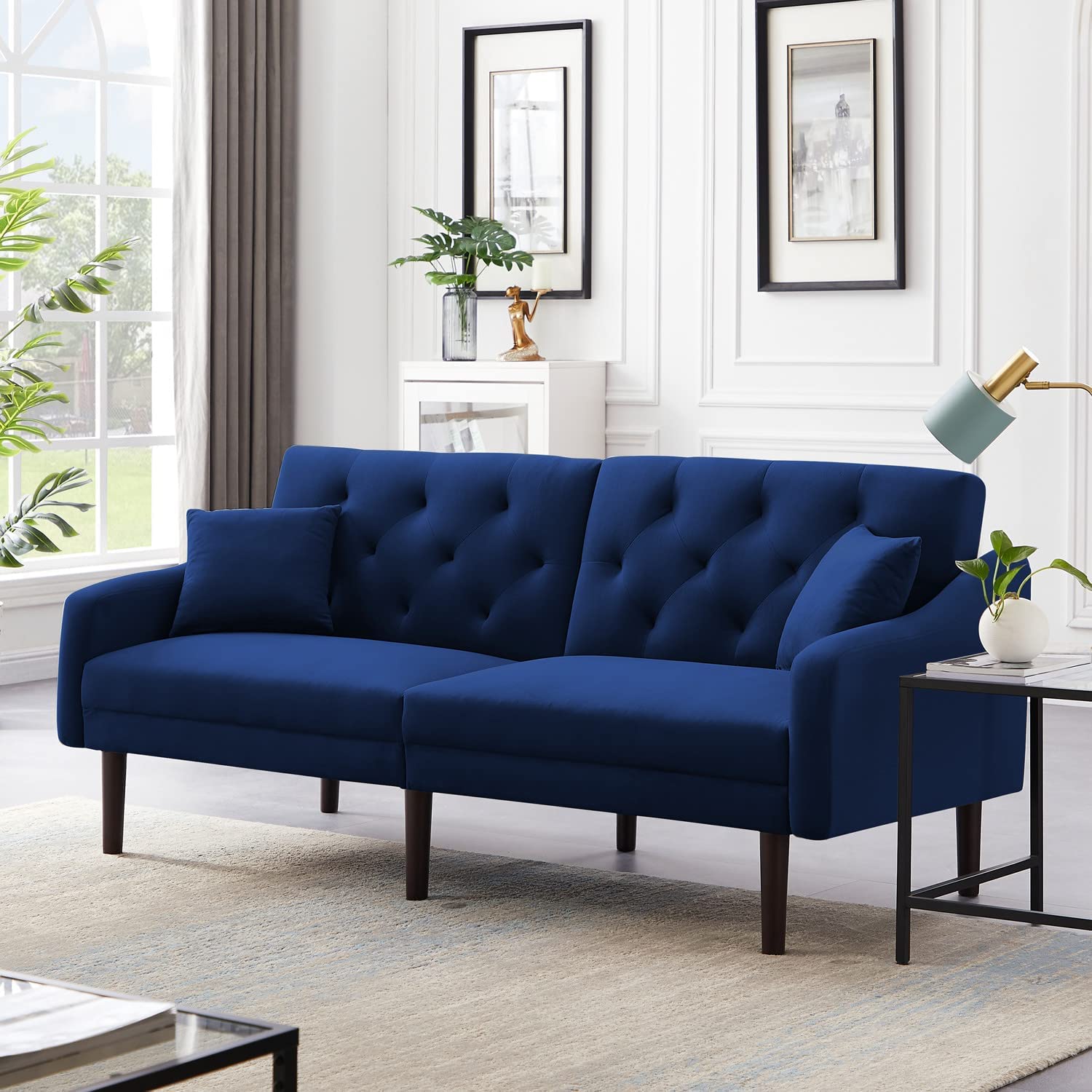 Goujxcy Convertible Futon Sofa Bed - Velvet Sleeper Sofa with 2 Pillows & Armrests, Foldable Couch for Small Spaces - Perfect for Living Room, Bedroom, Dorm or Apartment | Multi-Functional Guest Bed & Lounge Chair