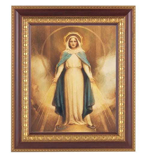 Miraculous Medal Framed Wall Art - Large Dark Cherry Wood with Gold Egg & Dart Detailing - Perfect for Home, Church & Office Decor