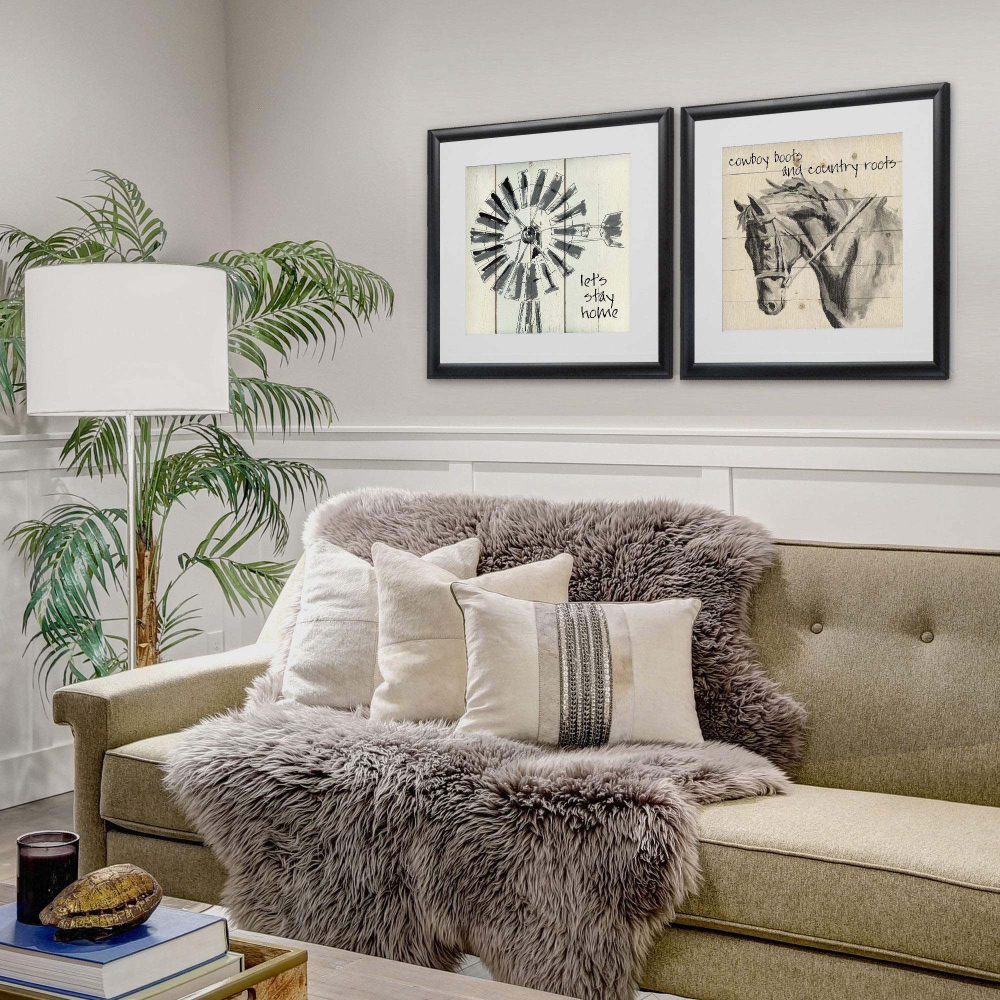 Wexford Home Let's Stay Home - 2 Piece Set Black Wall Art Prints 16x16 Inches for Living Room, Bedroom & Office Decor