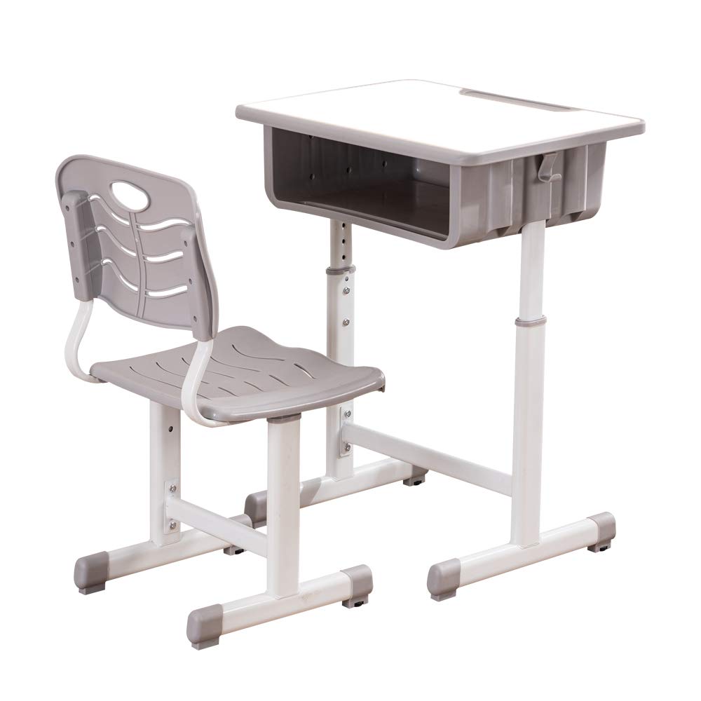 Adjustable Kids Desk and Chair Set with Storage - ShowMaven Student Study Workstation with Drawer, Pencil Grooves & Hooks for Home School Learning (Light Grey & White) | Perfect for Homeschooling, Online Classes & Children's Study Room