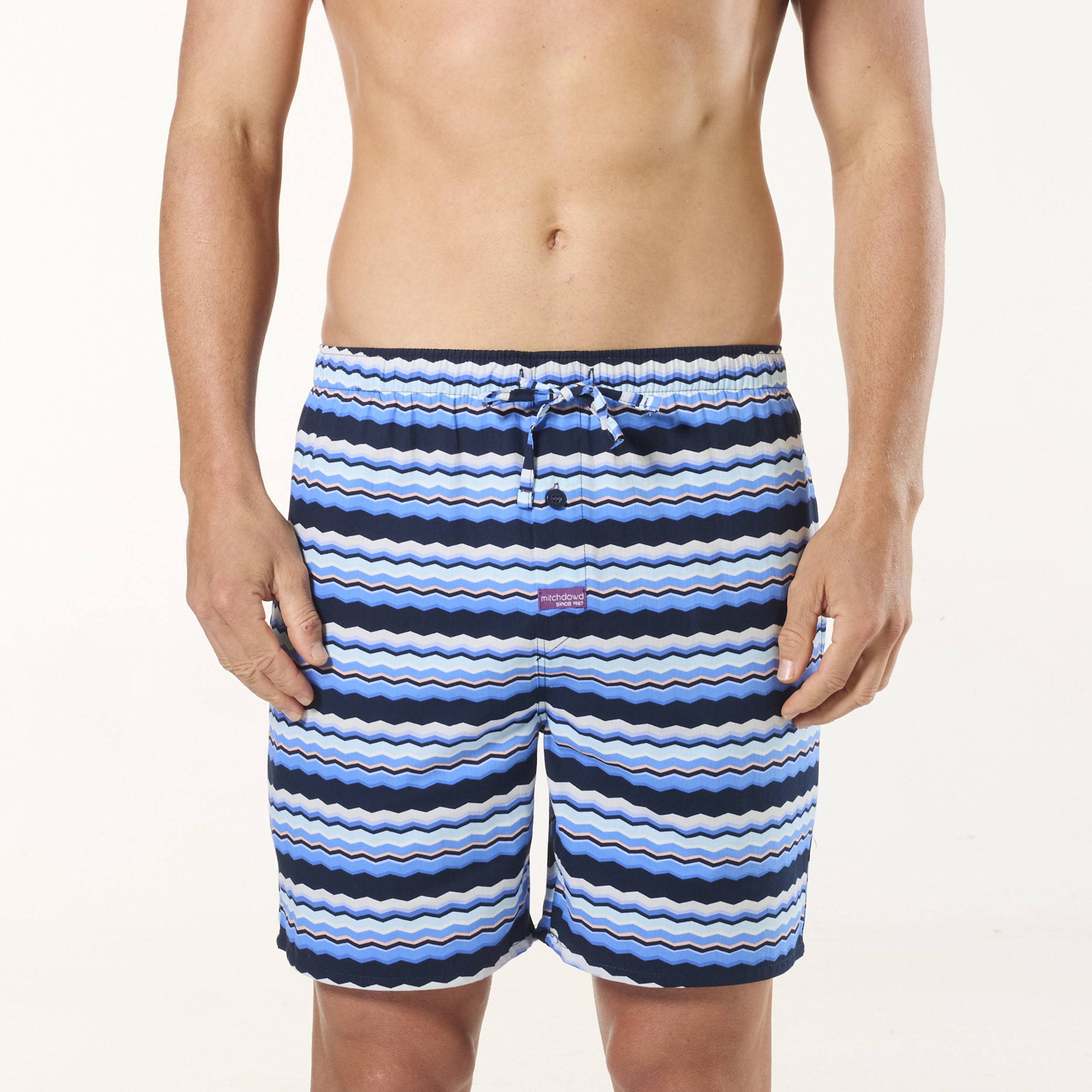 Men's Comfortable Wave Stripe Cotton Sleep Shorts - Breathable Lounge Pajama Shorts for Summer Nightwear & Home Relaxation - Blue