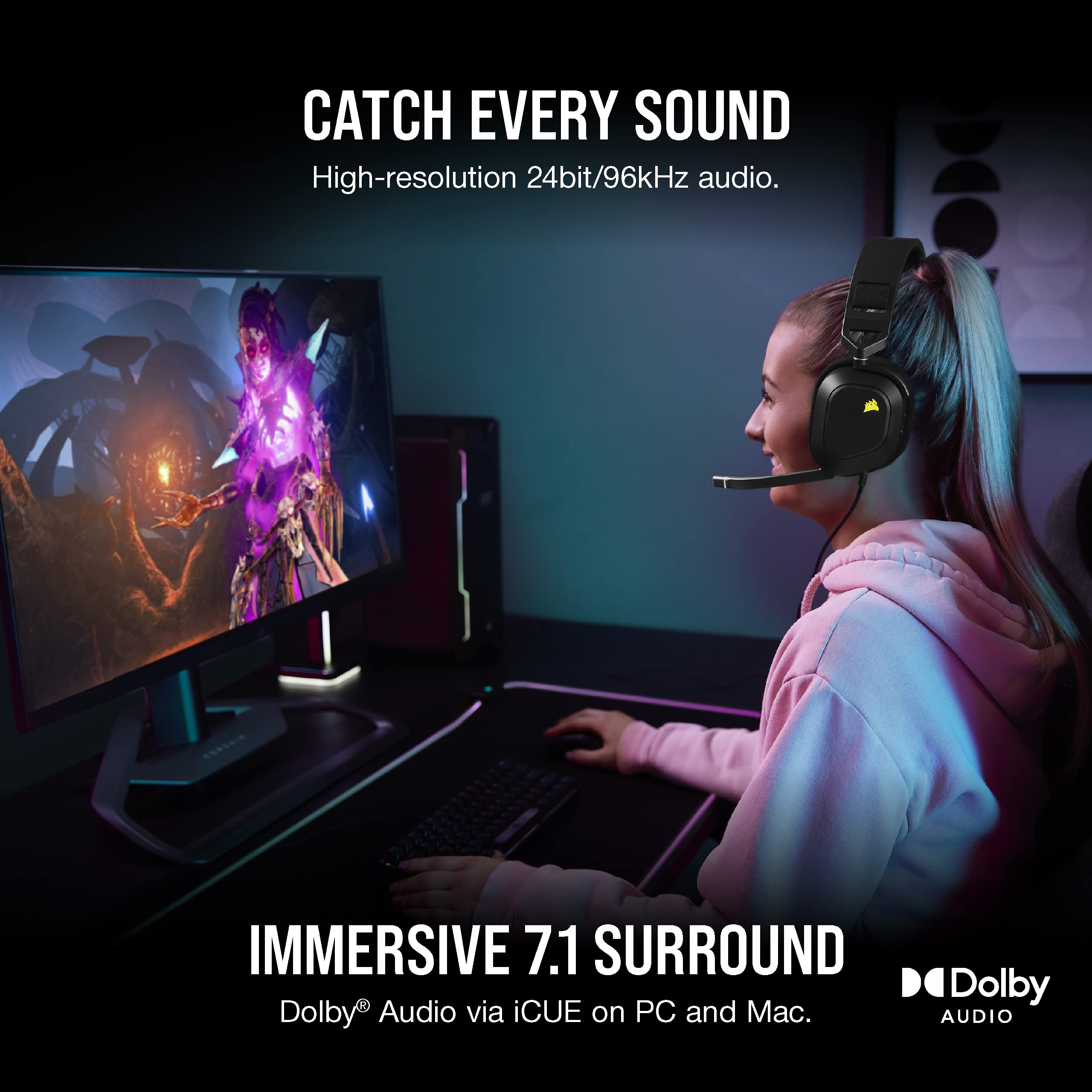 Corsair HS80 RGB USB Premium Gaming Headset with Dolby Audio 7.1 Surround Sound - Broadcast-Grade Omni-Directional Mic, Memory Foam Earpads, Hi-Fi Sound for PC, PS5, Xbox - Perfect for Streaming, Esports & Long Gaming Sessions (Carbon)