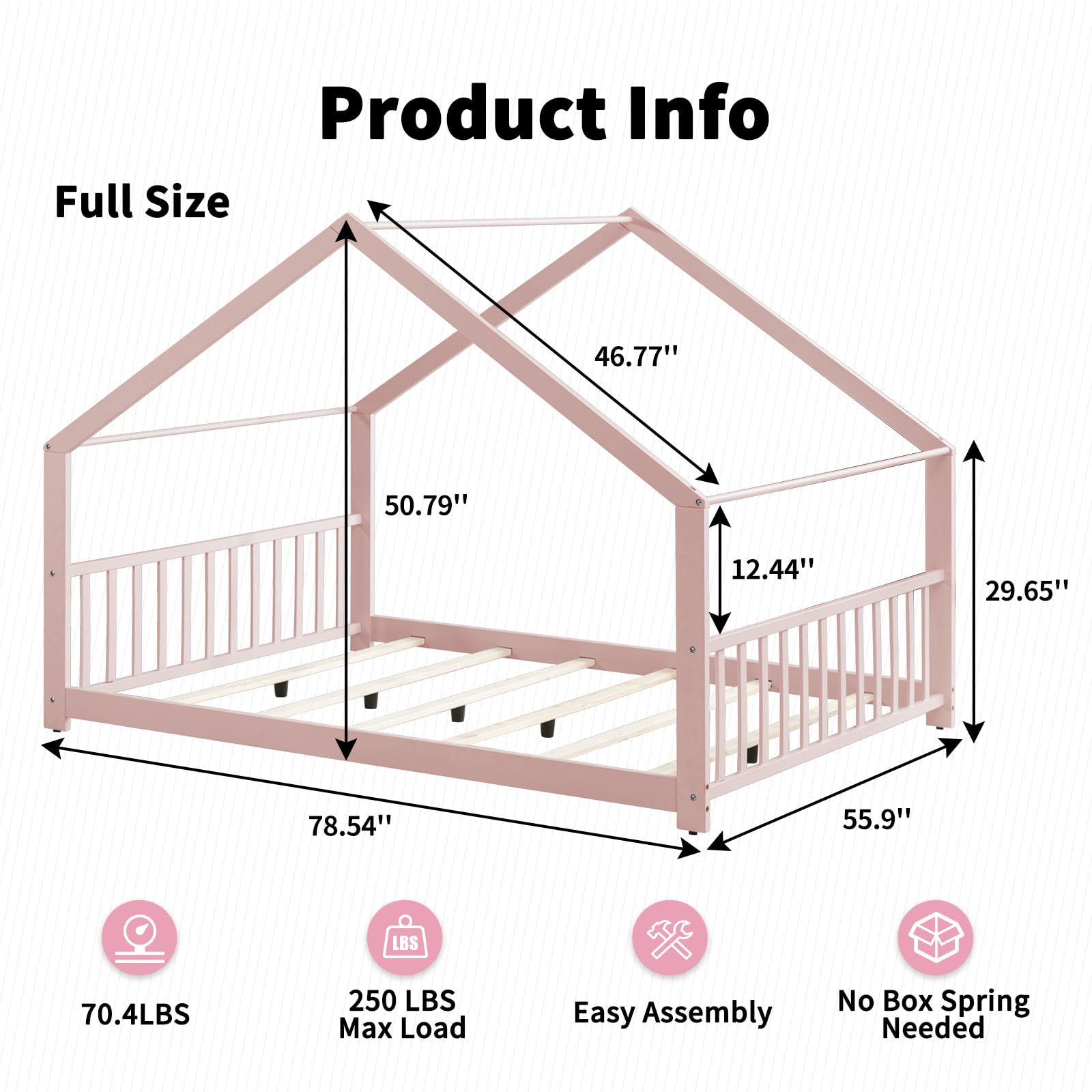 Montessori Full Size Floor Bed for Kids - Wooden House Bed Frame with Roof - Toddler Bed for Boys & Girls - Pink - Perfect for Bedrooms, Playrooms & Montessori Learning Spaces