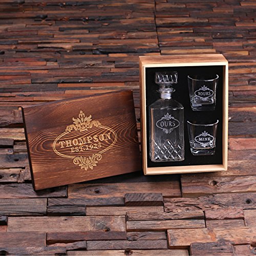 Teals Prairie & Co. Personalized Engraved Whiskey Decanter Set with 2 Crystal Whiskey Glasses & Keepsake Gift Box - Perfect for Anniversary, Birthday, Retirement Gifts & Home Bar Decor
