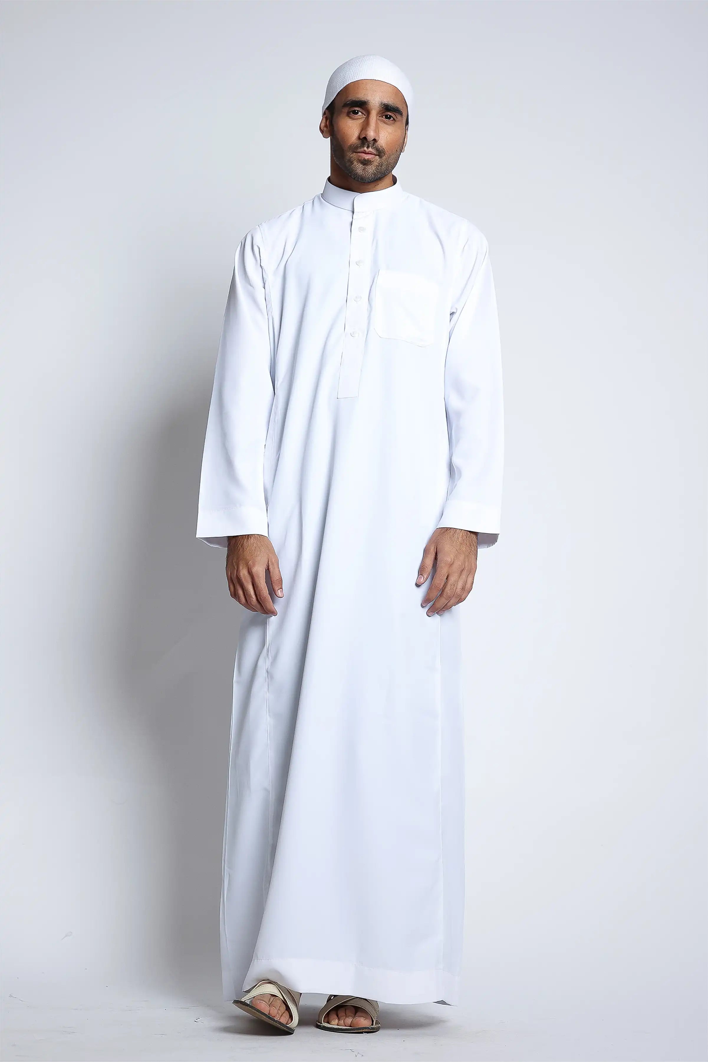 J150 White Collar Thobe for Men - Premium Embroidered Islamic Robe - Perfect for Eid, Ramadan & Special Occasions