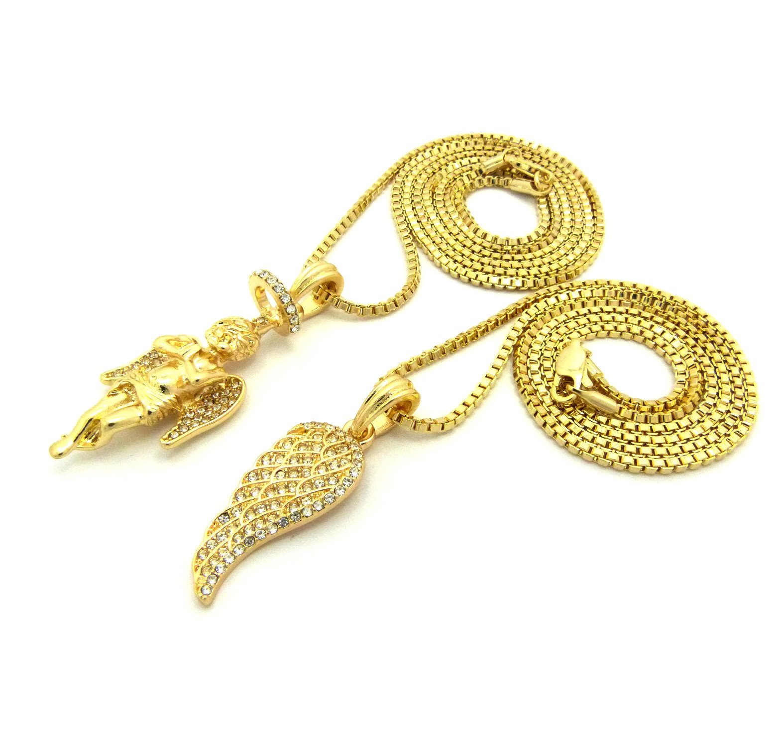 Iced Out Angel Wing & Angel Pendant Necklace Set with 24