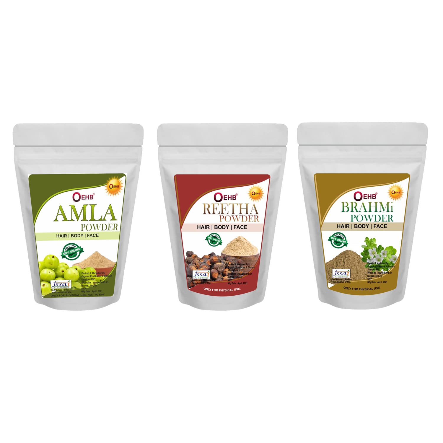 OEHB Amla Powder, Reetha Powder & Brahmi Powder - 50g Each | Natural Ayurvedic Herbs for Hair Growth, Skin Care & Wellness | Perfect for DIY Hair Masks, Face Packs & Herbal Remedies