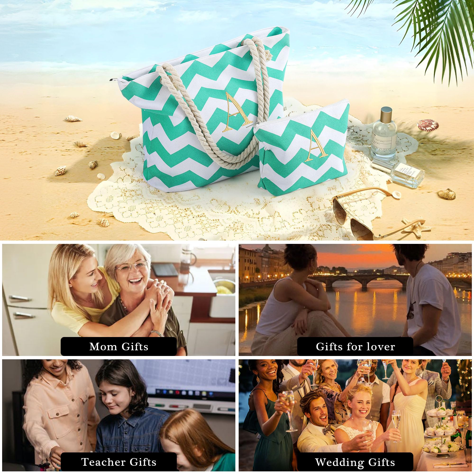 Personalized Waterproof Beach Tote Bag with Makeup Pouch - Perfect for Women's Birthday Gifts & Travel