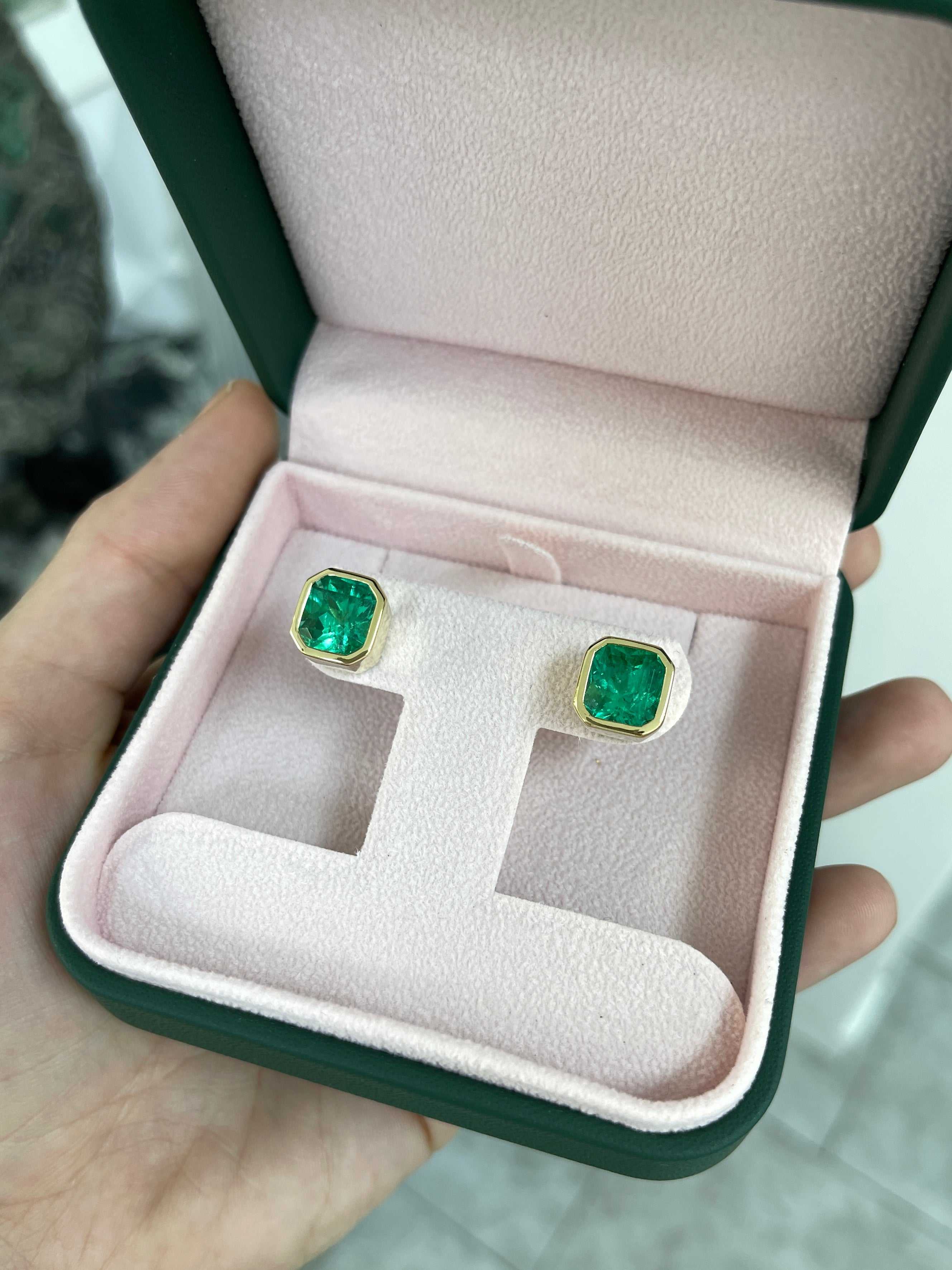 7.70tcw AAA+ Colombian Emerald Bezel Set Earrings - Angelina Jolie Style Luxury Jewelry for Women, Perfect for Weddings, Parties & Special Occasions