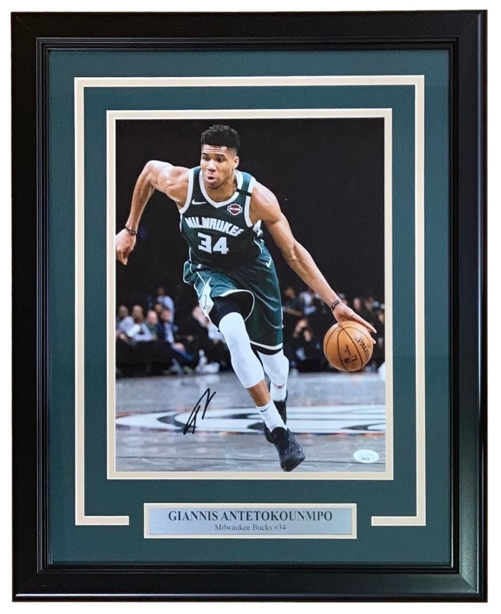 Giannis Antetokounmpo Autographed 11x14 Framed Milwaukee Bucks Basketball Photo with JSA Hologram Certificate - Perfect for Sports Memorabilia Collectors and Bucks Fans Home Decor