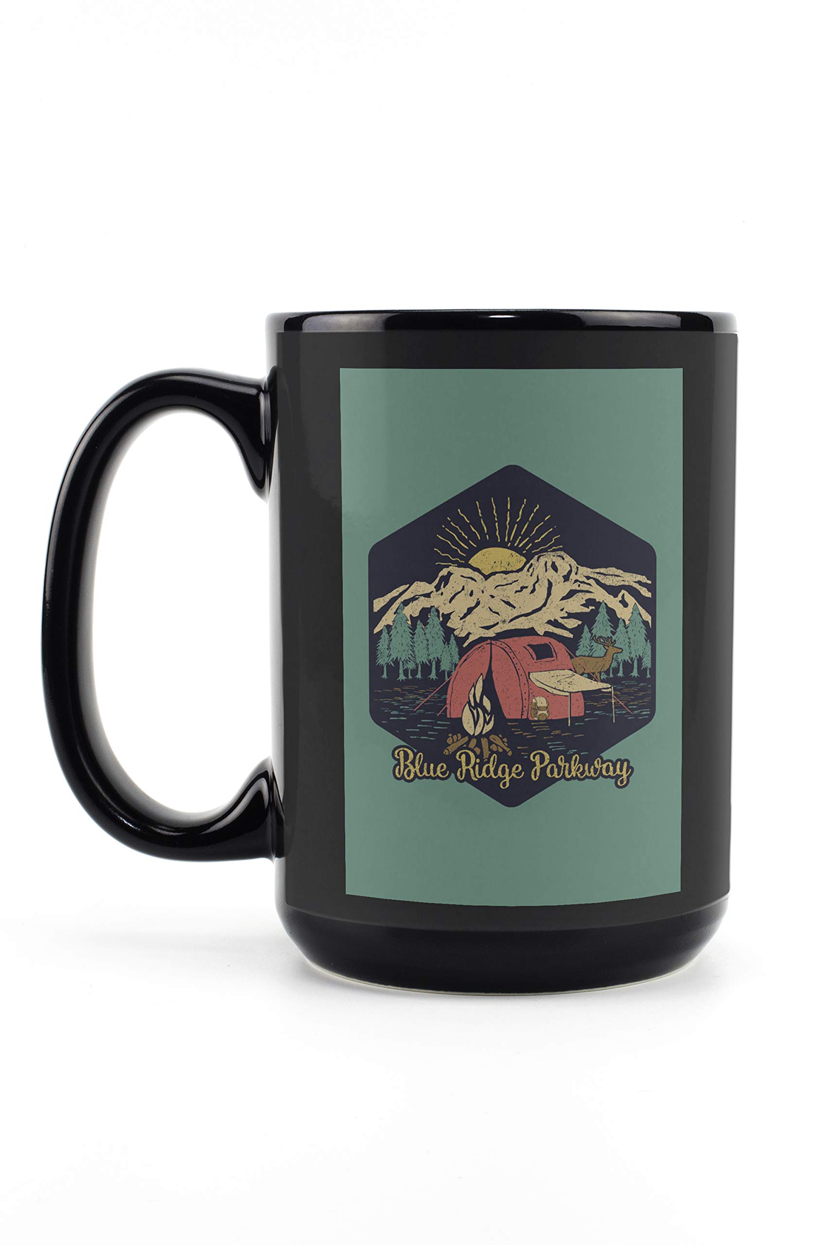 Blue Ridge Parkway Camping Scene 15oz Black Ceramic Coffee Mug - Microwave & Dishwasher Safe - Perfect for Outdoor Adventures, Home & Office Use