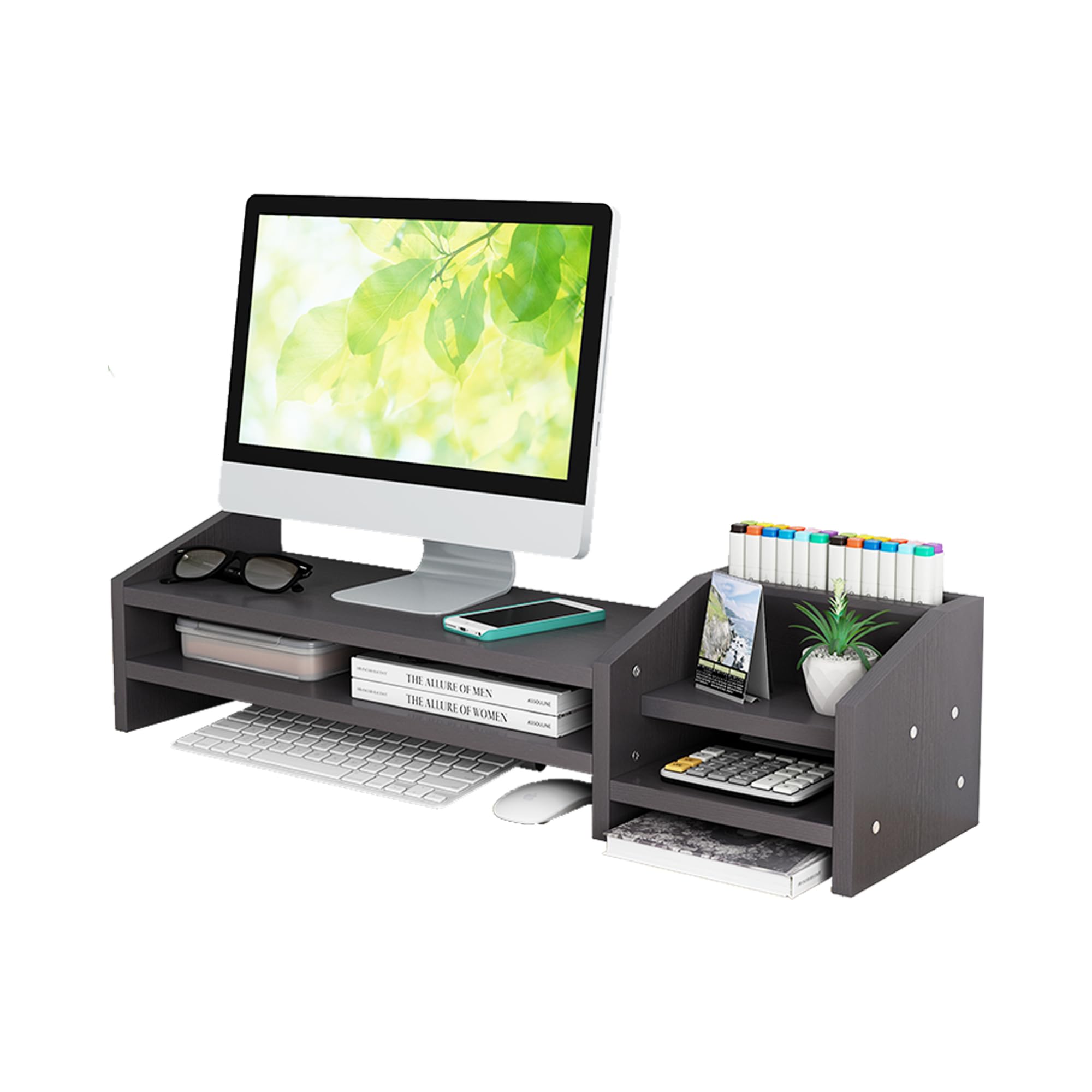 Catekro 2-Tier Wood Monitor Stand Riser with Storage Organizer - Desktop Organizer for Computer, Laptop, Printer (Black) - Perfect for Home Office, Gaming Setup & Workspace Organization