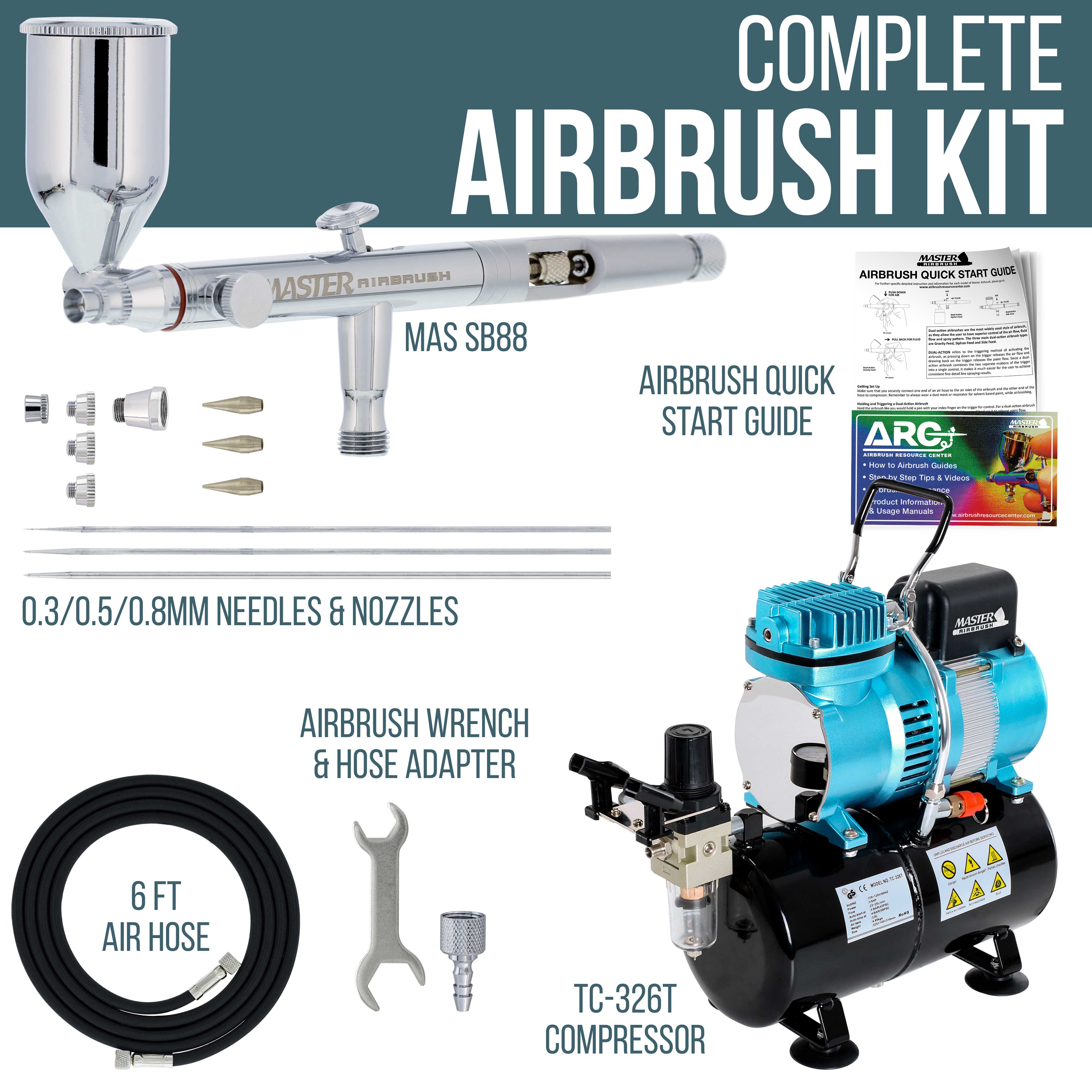 Pro Set Dual Action Side Feed Airbrush Kit with Cool Runner II Dual Fan Air Tank Compressor - 3 Nozzle Sets (0.3mm, 0.5mm, 0.8mm) & How-To Guide - Perfect for Model Painting, Cake Decorating & DIY Art Projects