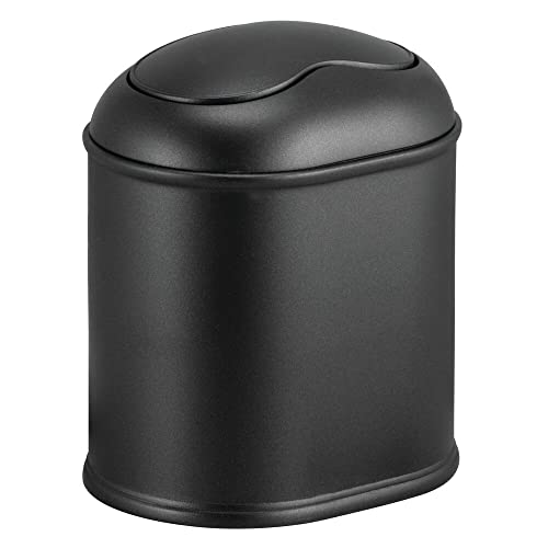 Modern Plastic Mini Trash Can with Swing Lid - Small Wastebasket for Bathroom Vanity, Countertop or Tabletop - Perfect for Cotton Rounds, Makeup Sponges & Tissues - Black - Ideal for Home, Office & Travel Use