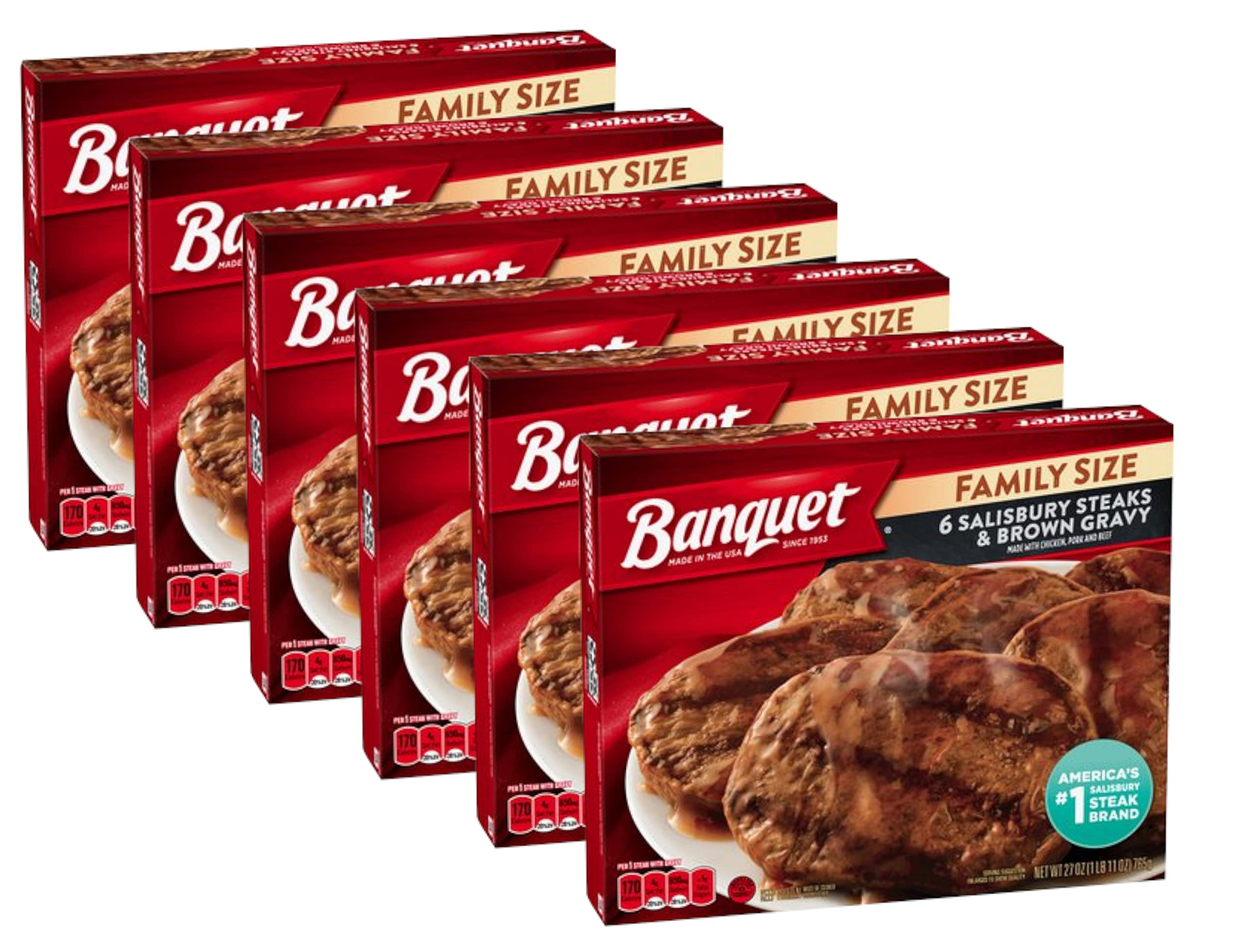 Banquet Family Size Salisbury Steak with Brown Gravy - 6 Pack (27 oz Each) | Chicken, Pork & Beef Blend | Ready-to-Eat Frozen Meal | Perfect for Quick Dinners, Family Meals & Emergency Food Supply