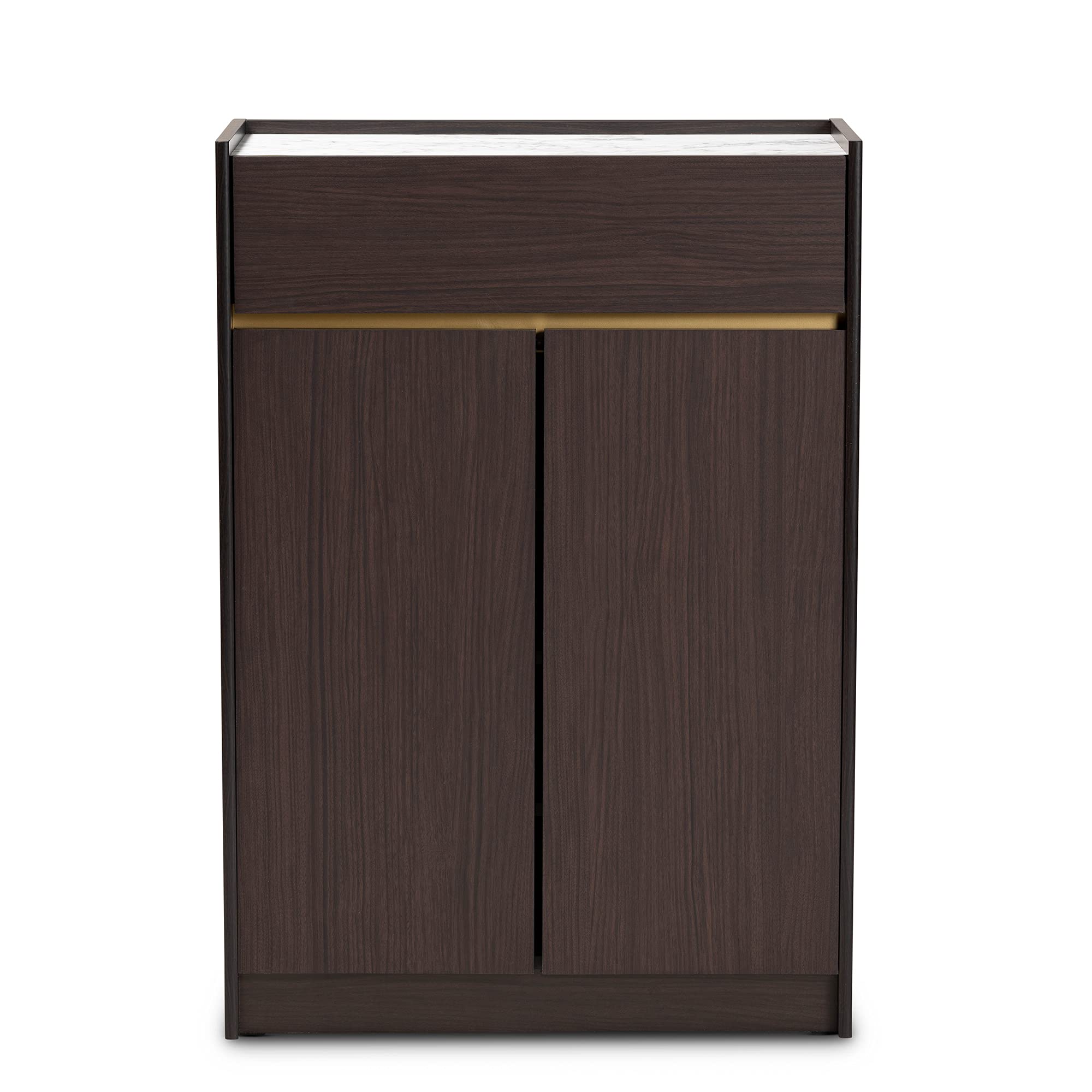 Baxton Studio Walker Modern Shoe Cabinet - Dark Brown & Gold Wood with Faux Marble Top | Entryway Storage Organizer for Hallway, Bedroom & Closet