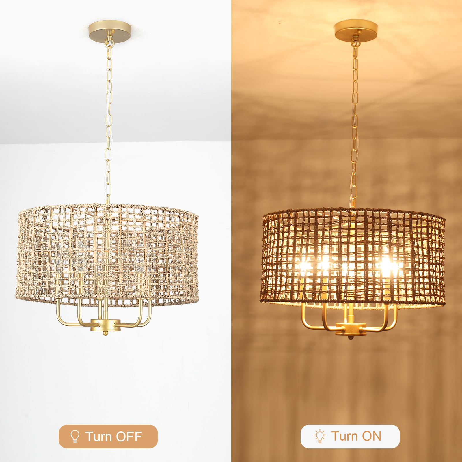 Boho Rattan Chandelier 5-Light Gold Woven Pendant Light, Coastal Wicker Drum Chandelier for Dining Room, Kitchen Island, Bedroom, Living Room, Entryway, Perfect for Farmhouse, Beach House, and Modern Interiors