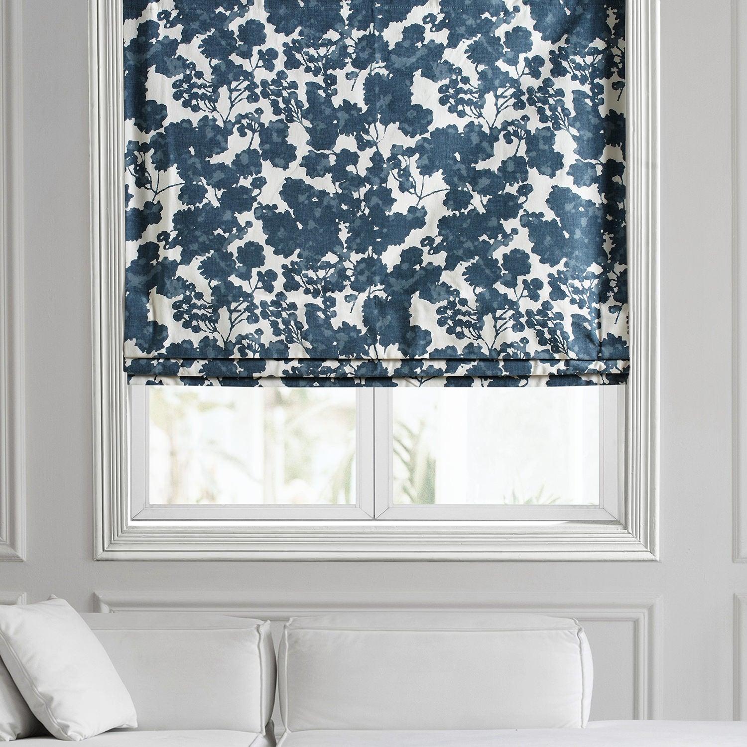 Fleur Blue Floral Printed Cotton Roman Shade - Elegant Window Treatment for Bedroom, Living Room & Nursery