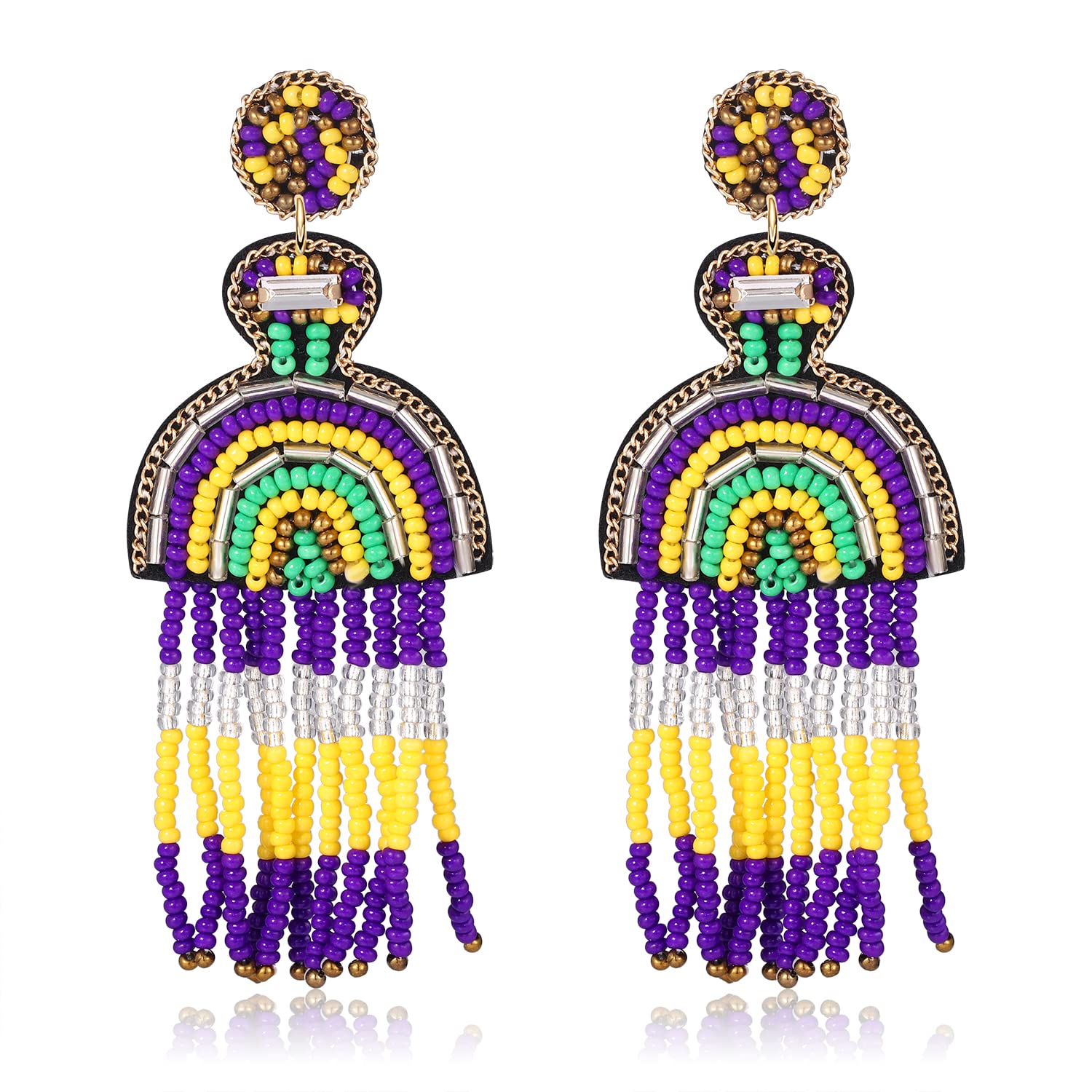 Handmade Beaded Mardi Gras Earrings for Women - Fleur De Lis Drop Dangle Earrings with Crown Design | Costume Party, Parade & Festival Accessories | Perfect Holiday Gift for Carnival, New Orleans Events & Themed Parties