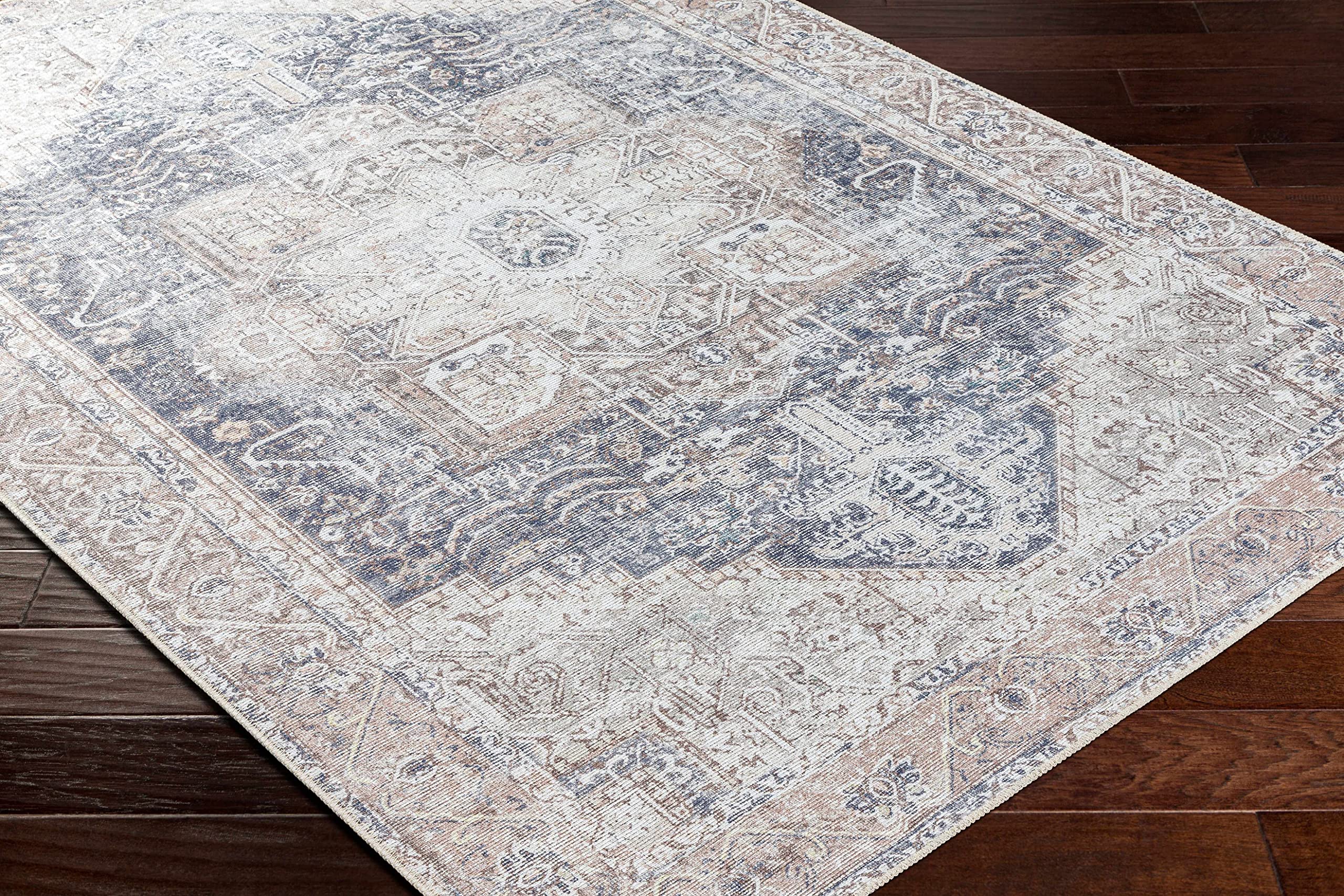 Machine Washable Traditional Runner Rug for Hallway & Kitchen - Beige, Light Brown, Navy - 2'7