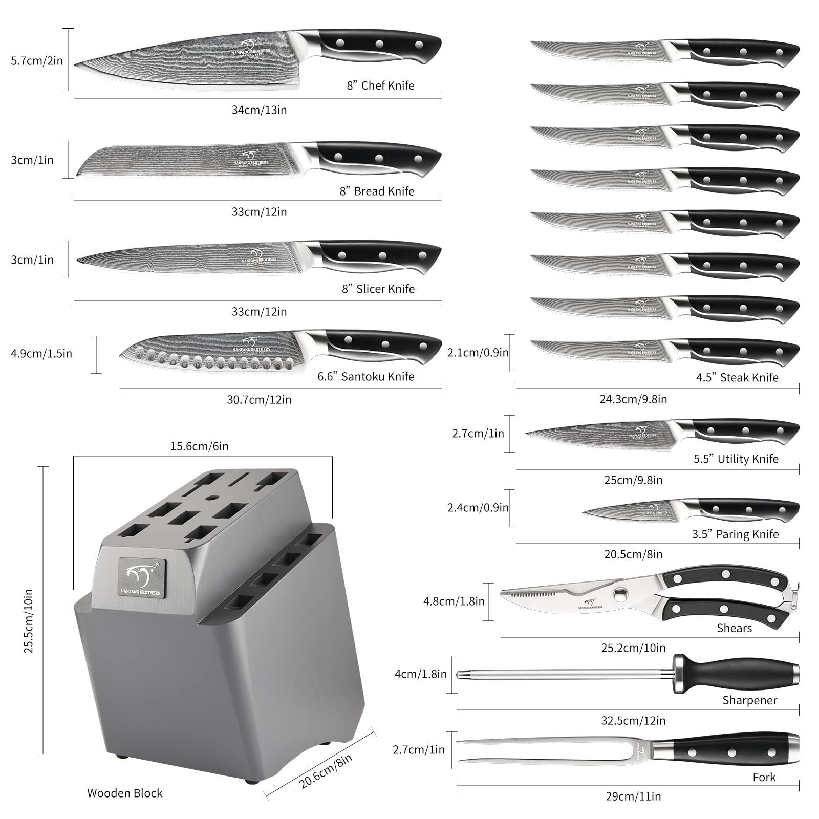 18-Piece Damascus Steel Kitchen Knife Set with 8 Steak Knives, Non-Slip ABS Ergonomic Handle, Knife Sharpener & Shears - 17-Slot Ash Wood Knife Block (Grey) - Perfect for Home Chefs, Cooking Enthusiasts & Professional Kitchens