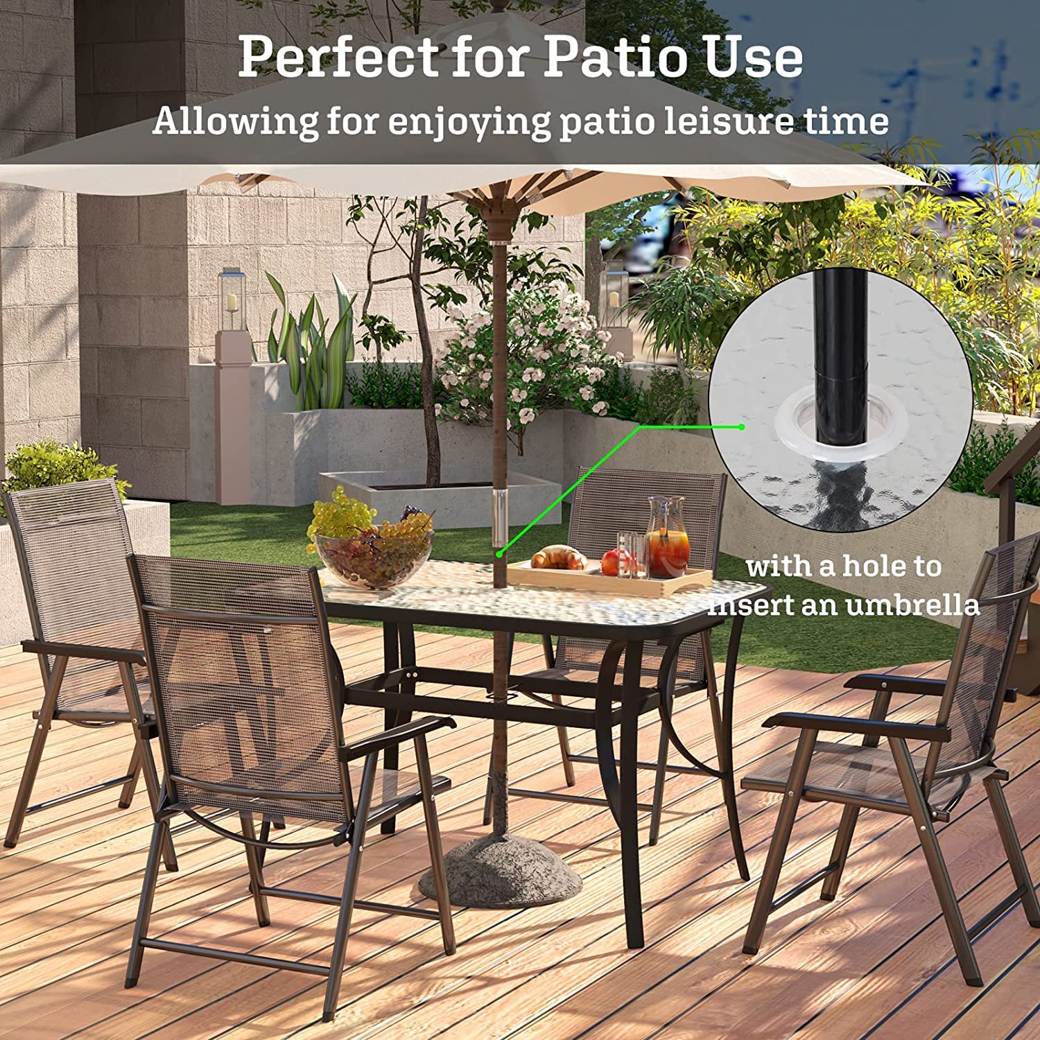 SogesPower 47 Inch Outdoor Tempered Glass Patio Dining Table with Umbrella Hole - Weatherproof Steel Frame, Black - Perfect for Backyard, Garden, Poolside & Outdoor Entertaining