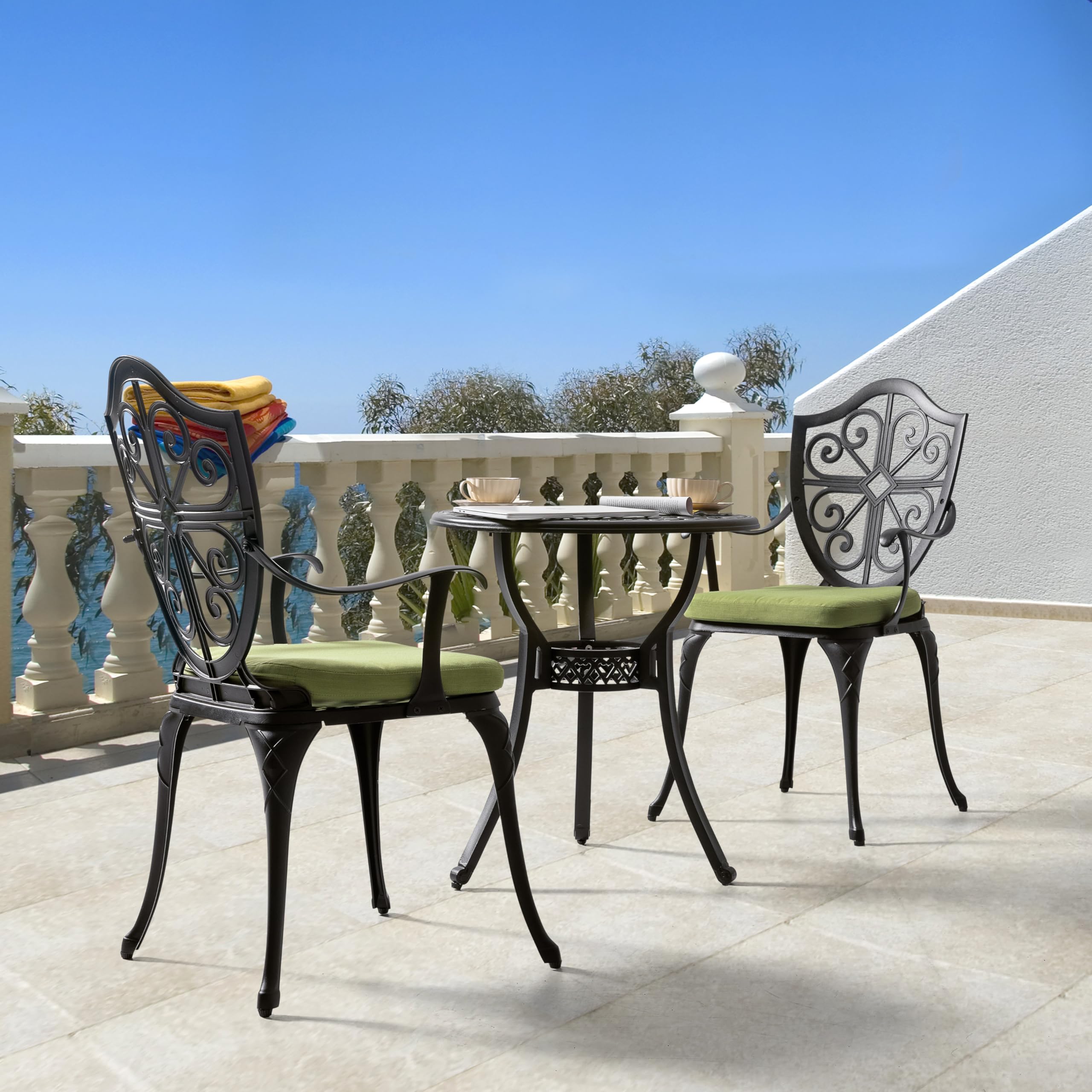 NUU GARDEN 3-Piece Outdoor Bistro Set - Cast Aluminum Patio Table & 2 Chairs with Umbrella Hole & Green Cushions - Black - Perfect for Backyard, Garden, Balcony & Small Outdoor Spaces
