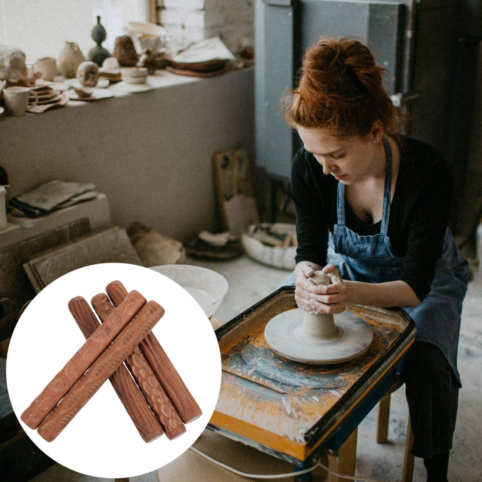 Happyyami 5-Piece Pottery Clay Rolling Tools Set with Wooden Handles & Textured Pattern Rollers - Perfect for Clay Sculpting, Ceramic Arts, and DIY Craft Projects on Clay Boards