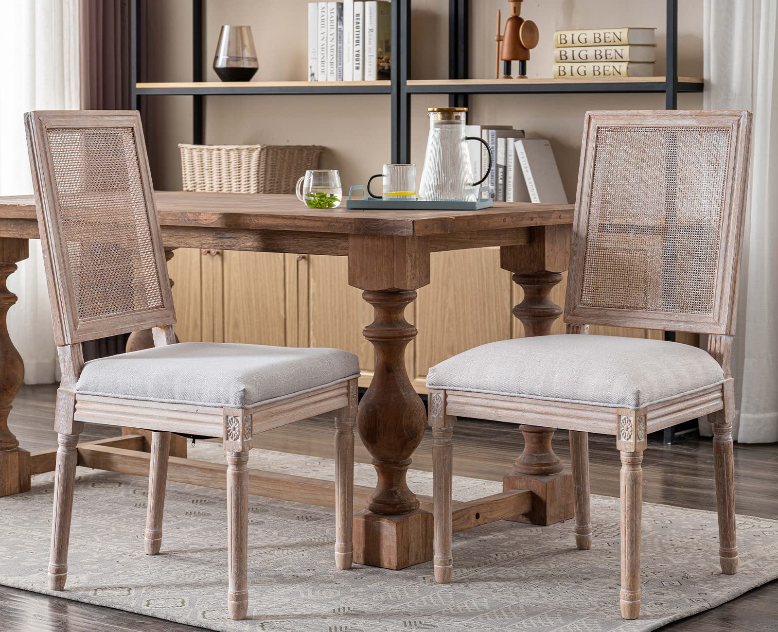 Kmax Farmhouse Dining Chairs Set of 2 - French Country Distressed Fabric Upholstered Chairs with Rattan Back - Elegant Tufted Kitchen & Bedroom Seating - Beige - Perfect for Dining Rooms, Breakfast Nooks & Cozy Bedroom Sitting Areas