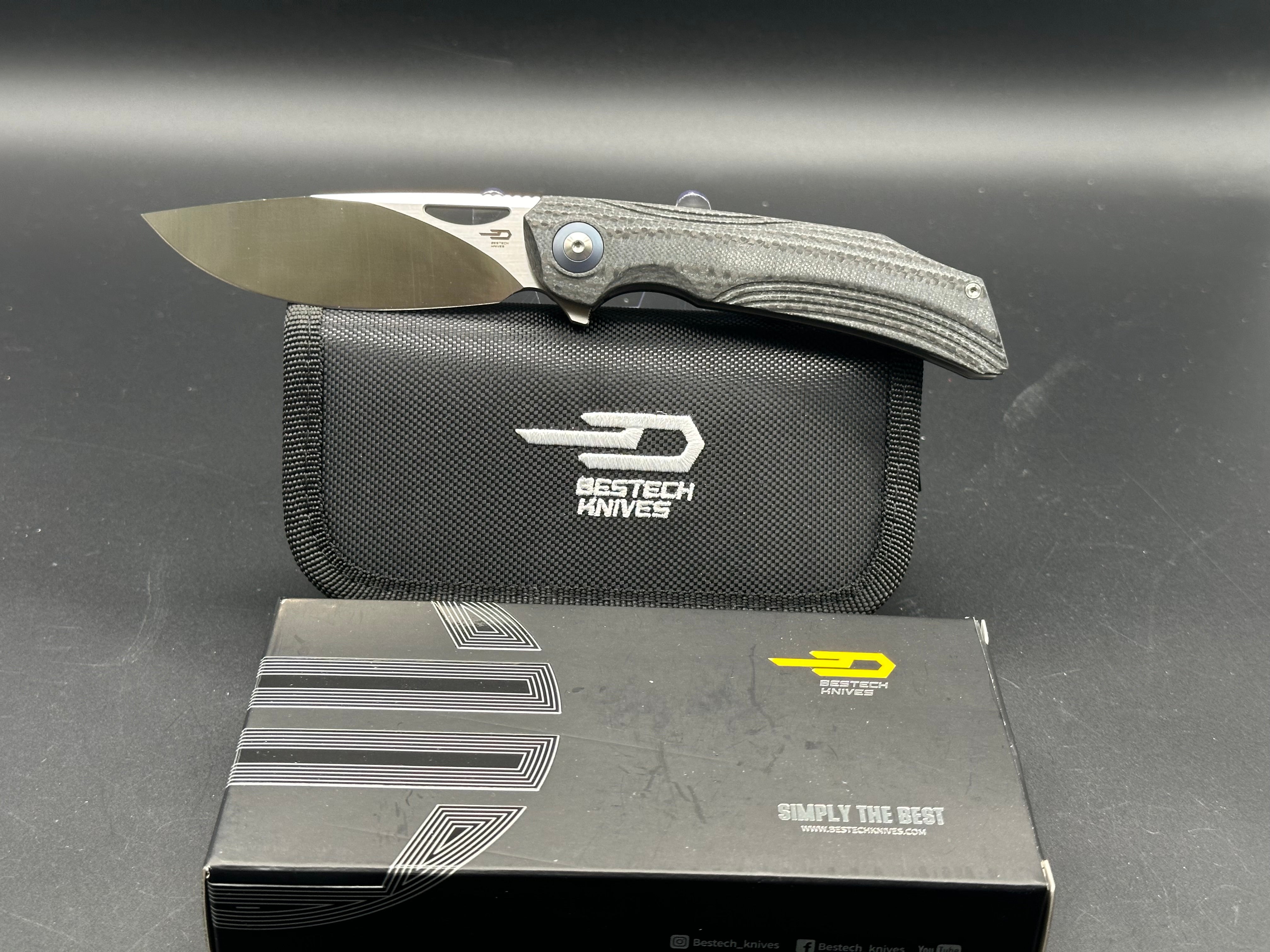 Bestech Falko Liner Lock Folding Knife - Black G10/CF Handle, 3.8