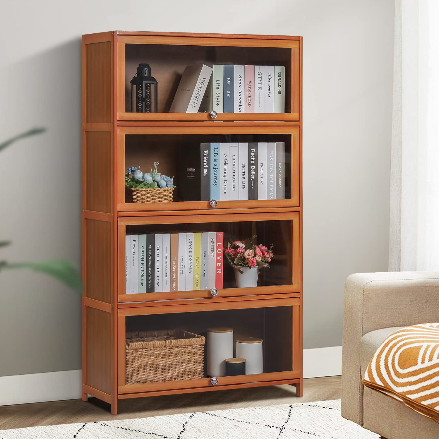 MoNiBloom 4-Tier Acrylic Door Bamboo Bookcase - Space-Saving Display Shelf & Organizer for Kids, Students, Bedroom, Home & Office (Brown) | Perfect for Storing Books, Toys, Decor & Office Supplies