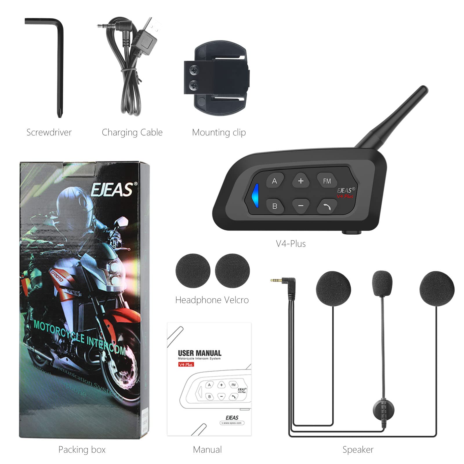 EJEAS V4 Plus Motorcycle Bluetooth Intercom Headset - 4 Person Full Duplex Communication, Bluetooth 5.1 with FM Radio & CVC Noise Cancellation, Crystal Clear Audio for Group Riding - Perfect for Motorcycle Tours, Commuting and Adventure Riding (1 Pack)