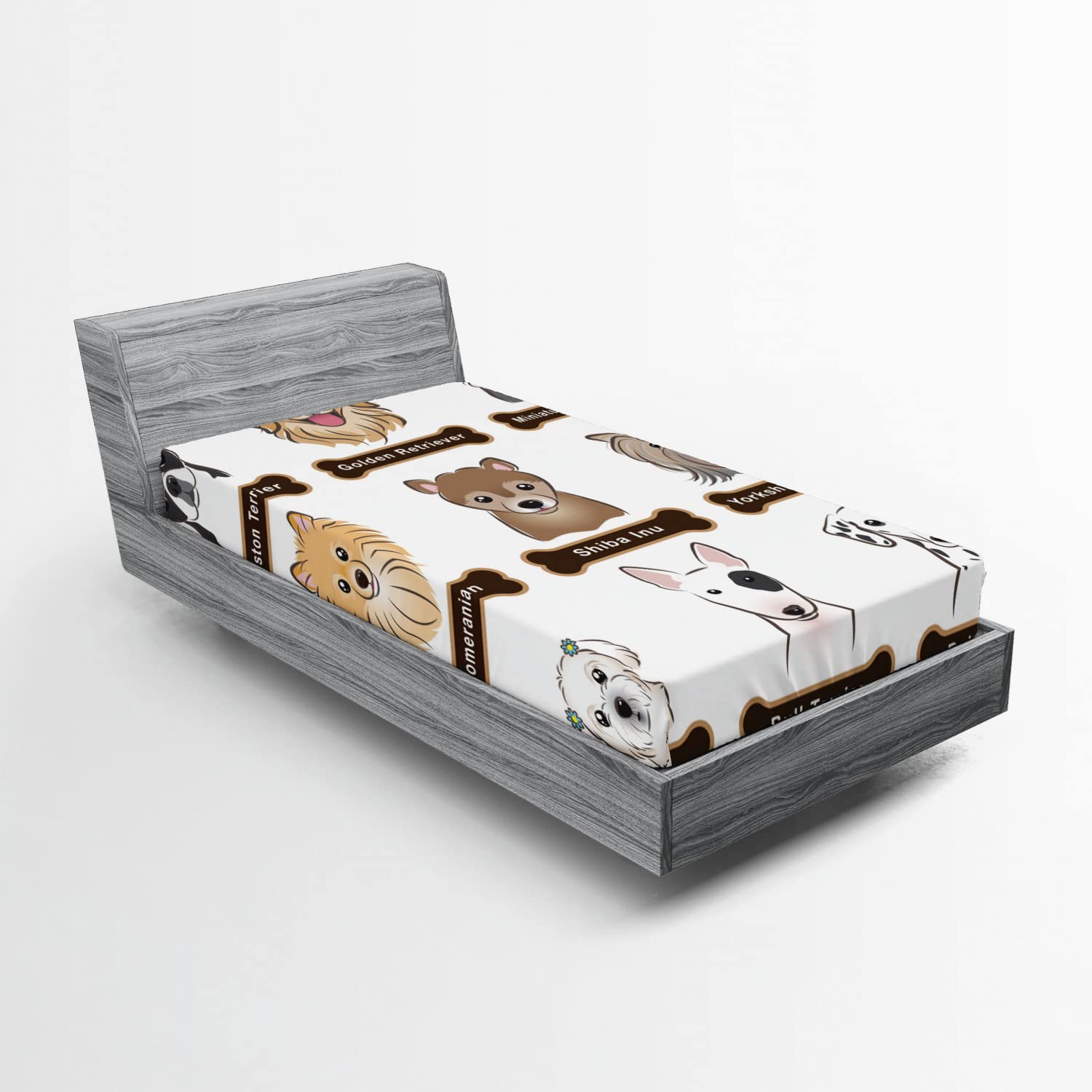 Ambesonne Dog Fitted Sheet - Boston Terrier Design, Twin XL, Grey Cream White for Pet Lovers' Bedrooms