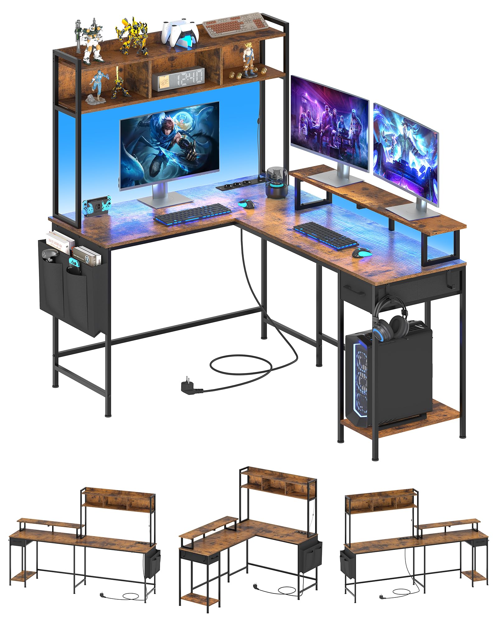 KIMENICH Reversible L-Shaped Corner Gaming Desk with LED Lights & Power Outlet - Home Office PC Workstation with Storage Drawers & Hooks (Brown) | Perfect for Small Spaces, Gaming Setups & Remote Work