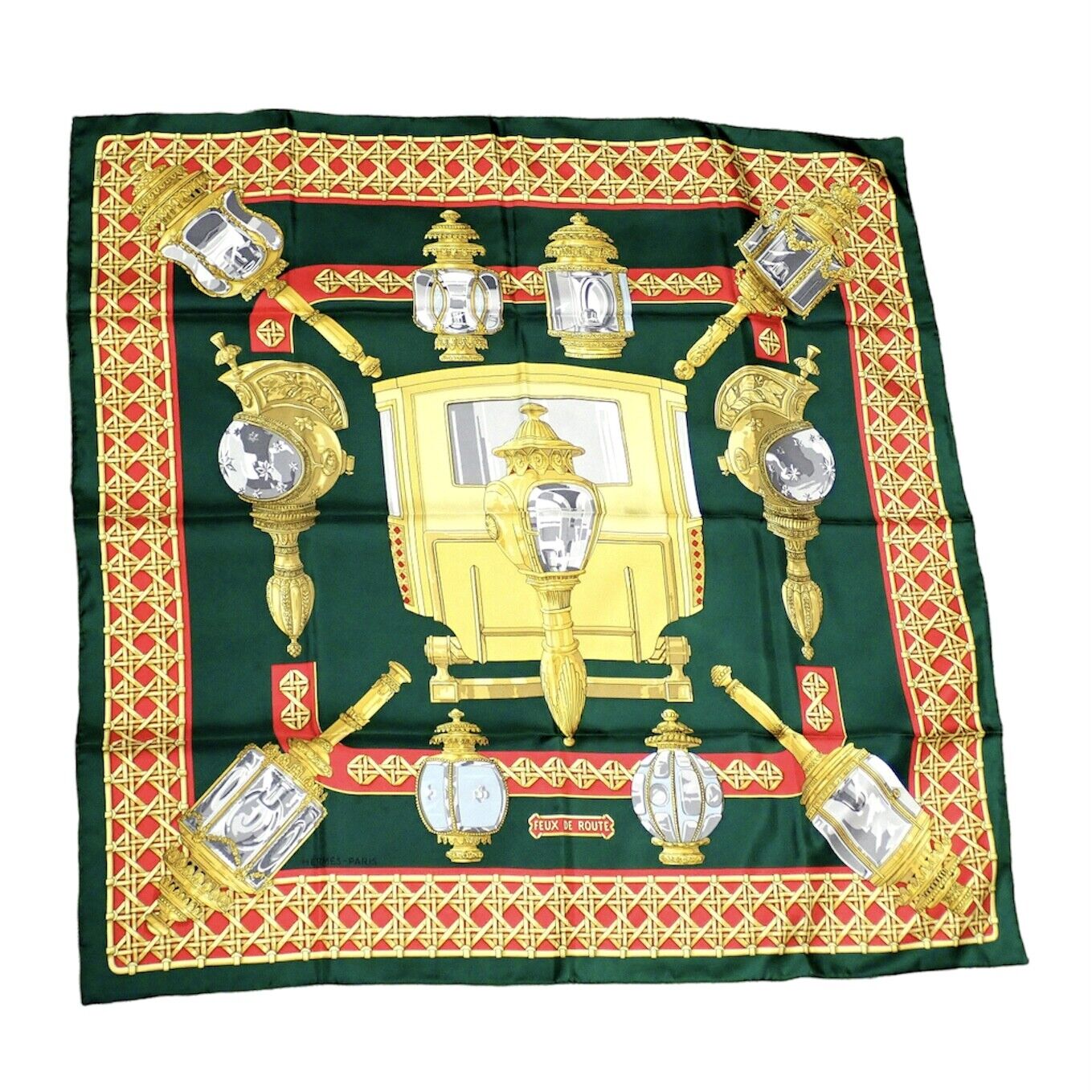 Authentic Hermes Feux De Route Vintage 90cm Green Red Silk Scarf - Luxury Fashion Accessory for Women, Perfect for Special Occasions & Gift Giving