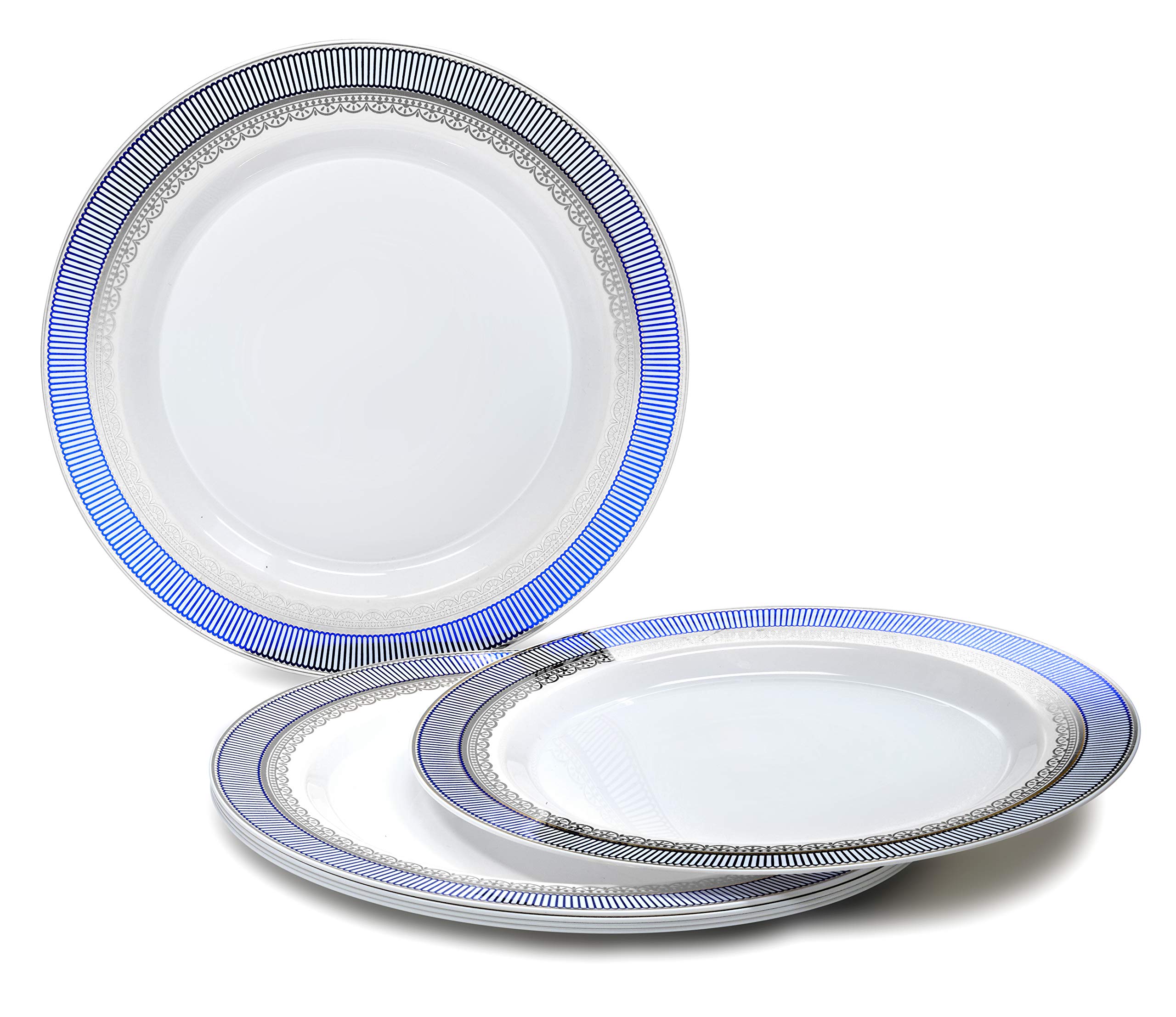 240-Pack Heavyweight Disposable Plastic Plates for Weddings & Parties - 7.5'' Appetizer/Dessert Plates in Louvre White/Blue & Silver - Elegant Dinnerware for Bridal Showers, Baby Showers & Special Events