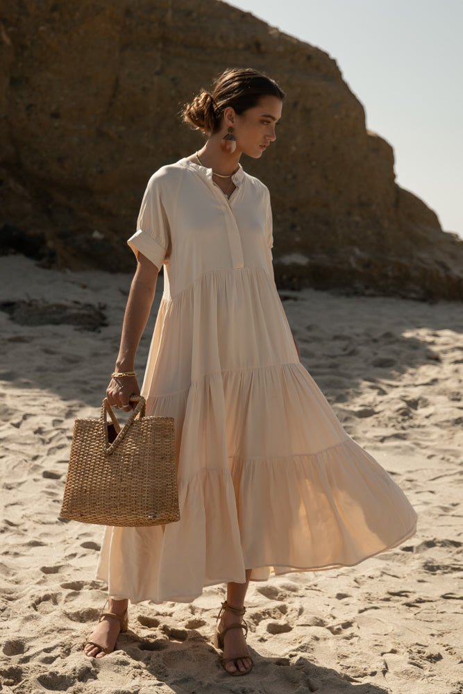 Amanda Tiered Dress in Cream - Elegant Women's Summer Maxi Dress for Beach, Wedding & Party | Final Sale