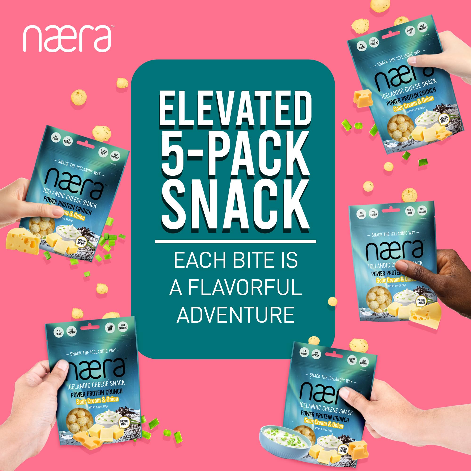 Næra Icelandic - 5-Pack Sour Cream & Onion 100% Cheese Protein Snacks | Keto, Gluten-Free, High Protein, All-Natural | Crunchy Power Snack for Adults & Kids (1.05 oz Each) | Perfect for On-the-Go, School Lunches & Low-Carb Diet