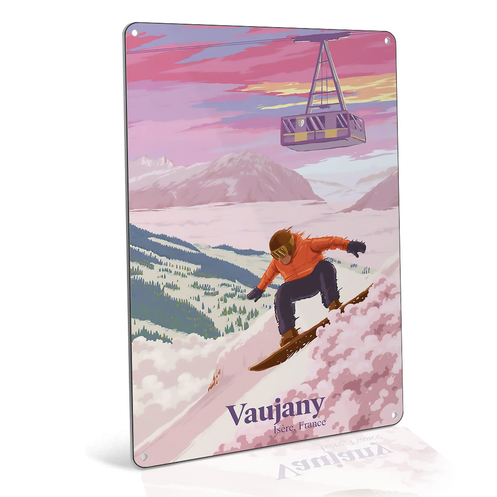 Vintage Skiing Print Metal Wall Art - 8x12 Inch French Alps Snowboarding Poster for Bathroom & Farmhouse Decor | Rustic Ski Wall Art Decor, Metal Home Decor for Living Room, Bedroom & Office