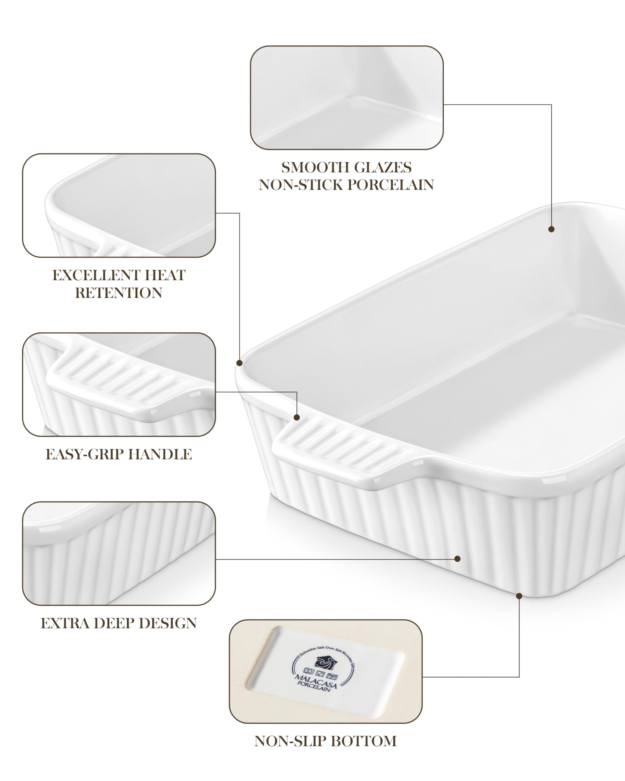MALACASA 4.4 QT Ceramic Baking Dish - 9x13 Inch Large Rectangular Casserole Pan with Handles, Oven & Microwave Safe White Lasagna Dish for Baking, Roasting & Serving - Perfect for Family Dinners, Holiday Meals & Potlucks