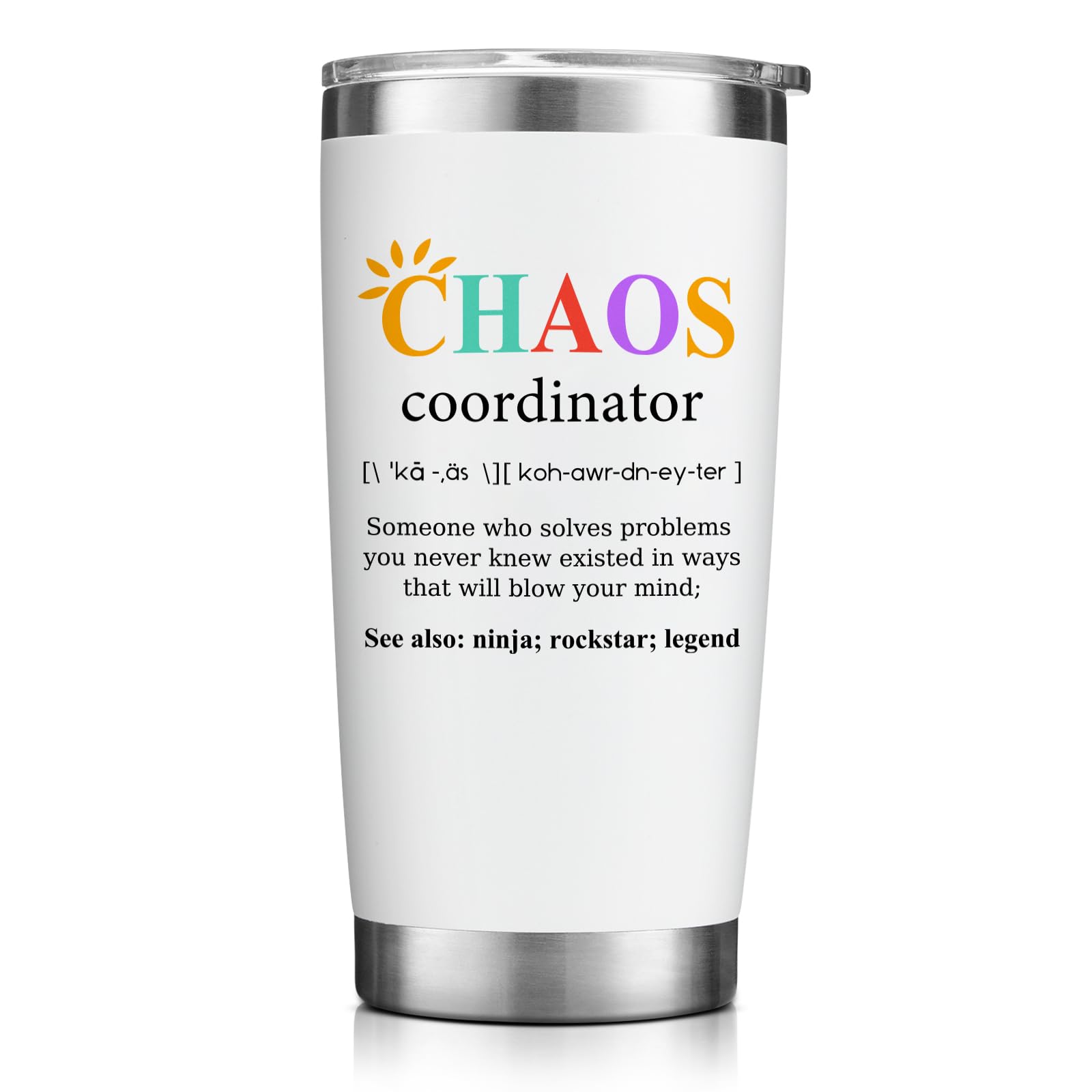 NOWWISH Chaos Coordinator Tumbler 20oz - Funny Thank You Gift for Mom, Women, Coworkers, Teachers & Nurses - Perfect for Mother's Day, Birthday & Office Appreciation - White Insulated Cup for Coffee, Tea & Daily Use