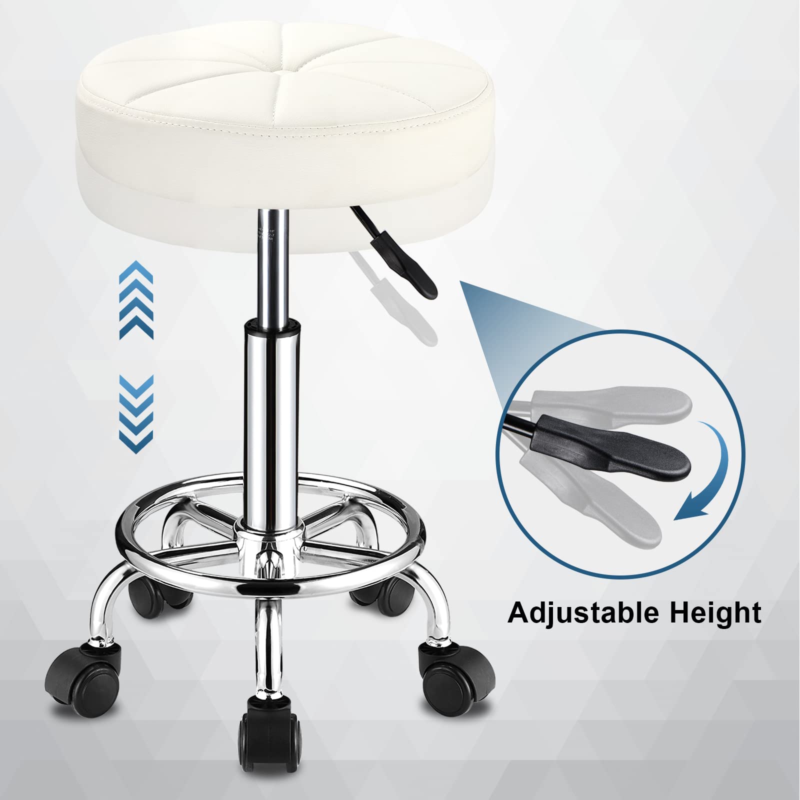 Adjustable Height Swivel Rolling Stool with Wheels - PU Leather Round Stool for Office, Kitchen, Salon & Home Use - White
