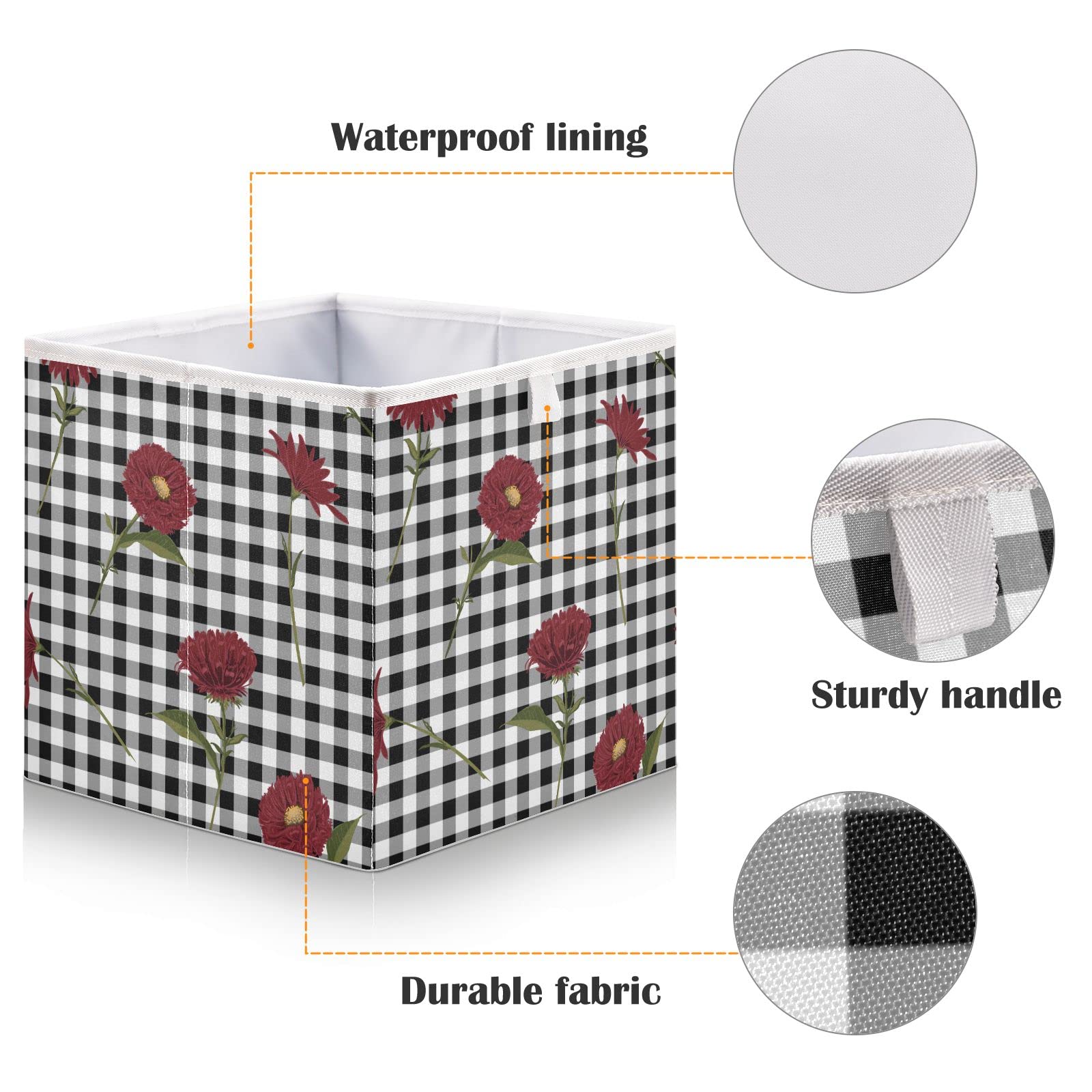 Floral Red Black White Plaid Foldable Collapsible Storage Baskets - 16 x 11 Inch Organizer Bins for Shelves, Closet, Pantry & Nursery | Perfect for Toys, Home Organization & Space Saving