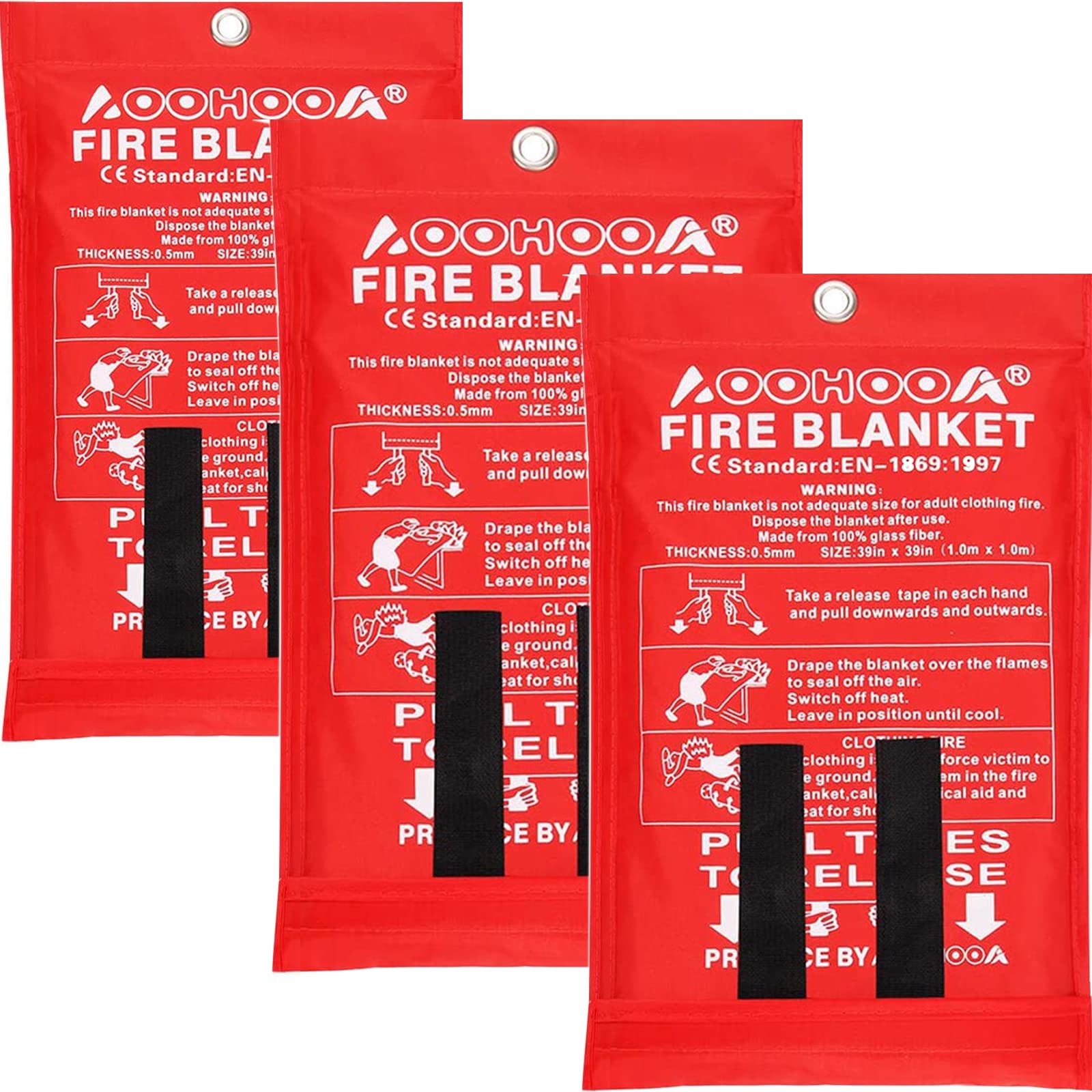 AOOHOOA Fire Blanket - 3 Pack Fiberglass Emergency Fire Safety Blankets for Kitchen, Camping, Fireplace, Grill, Car, RV & Boat - Flame Retardant Protection for Home, Outdoor & Vehicle Safety (Perfect for Cooking, BBQ, Campfires & Emergency Preparedness)