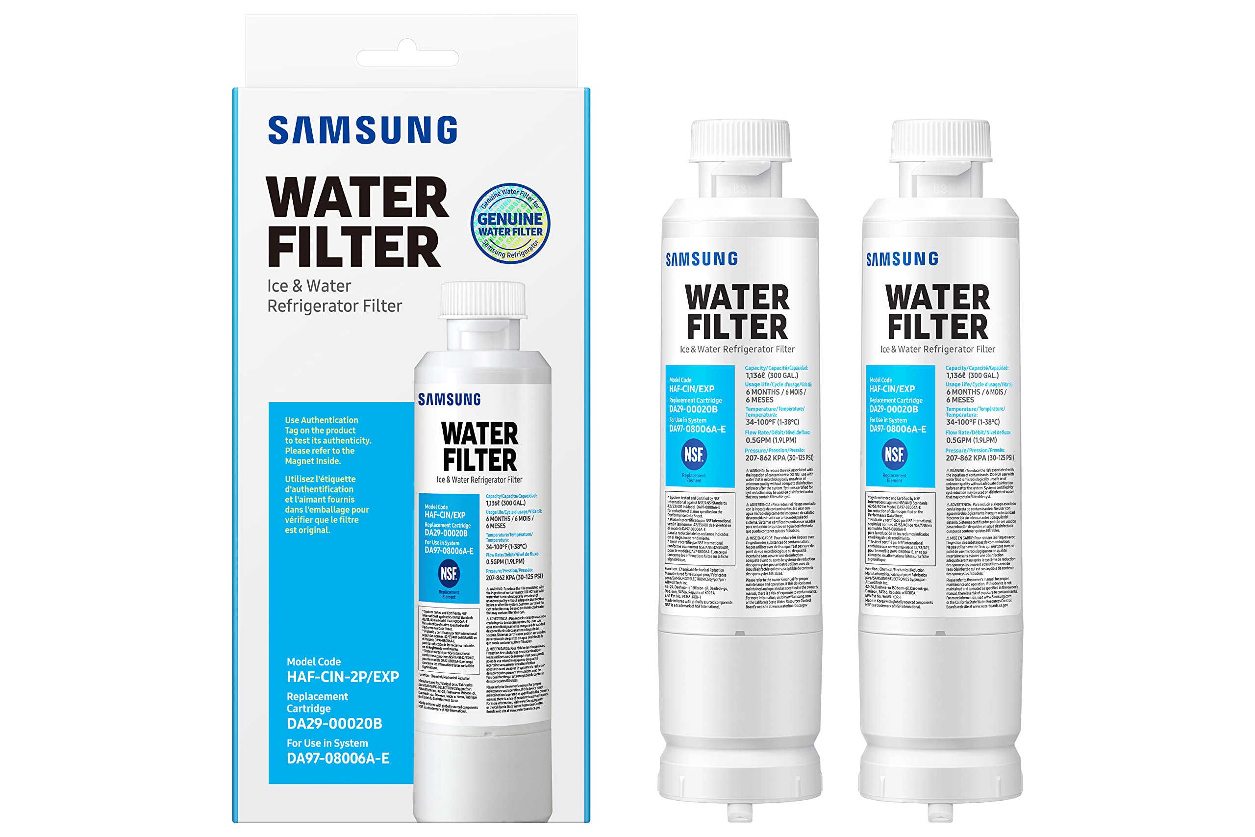 SAMSUNG Genuine Refrigerator Water and Ice Filters - 2 Pack Carbon Block Filtration System (DA29-00020B-2P) for Clean, Clear Drinking Water - Perfect for Home, Office & Kitchen Use