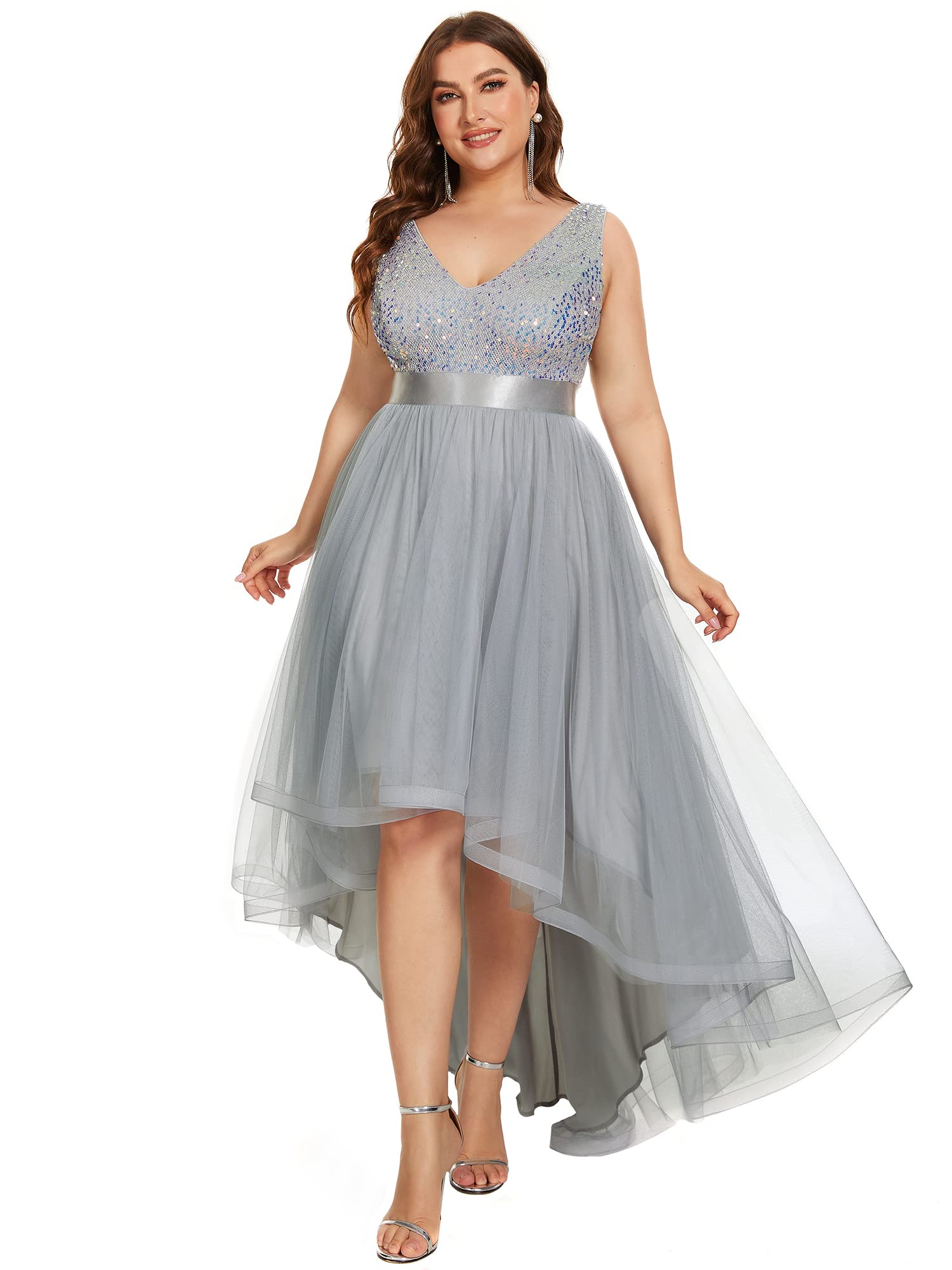 Ever-Pretty Women's Plus Size Double V-Neck A-Line High-Low Sequin Tulle Formal Dress 0147A-DA | Elegant Evening Gown for Prom, Wedding & Special Occasions