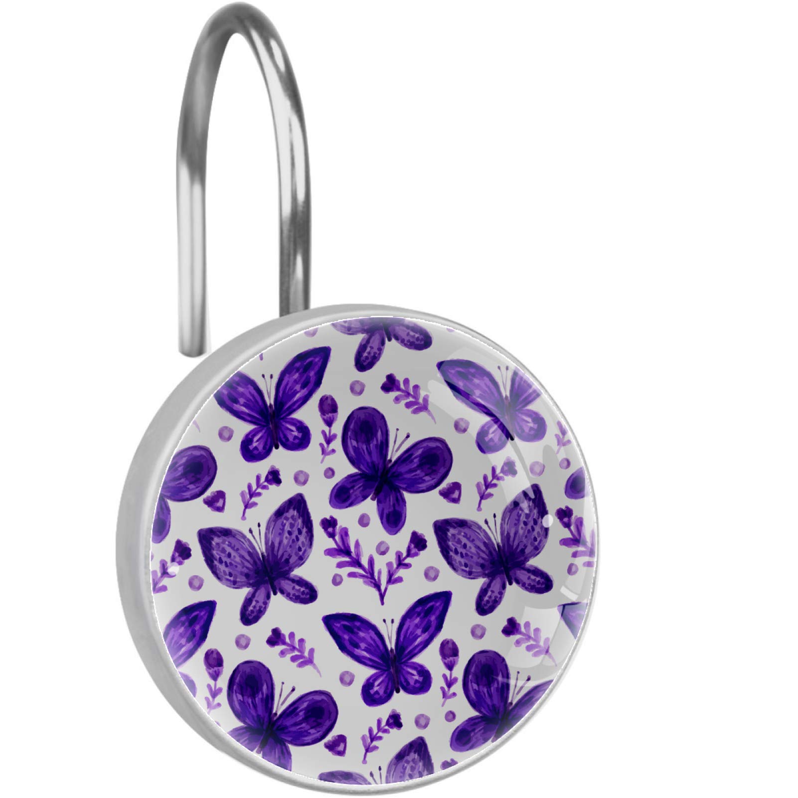 Rust-Resistant Metal Shower Curtain Hooks - Set of 12 Purple Watercolor Butterfly Design Glide Rings for Bathroom Rods | Elegant Bathroom Decor & Easy Curtain Installation