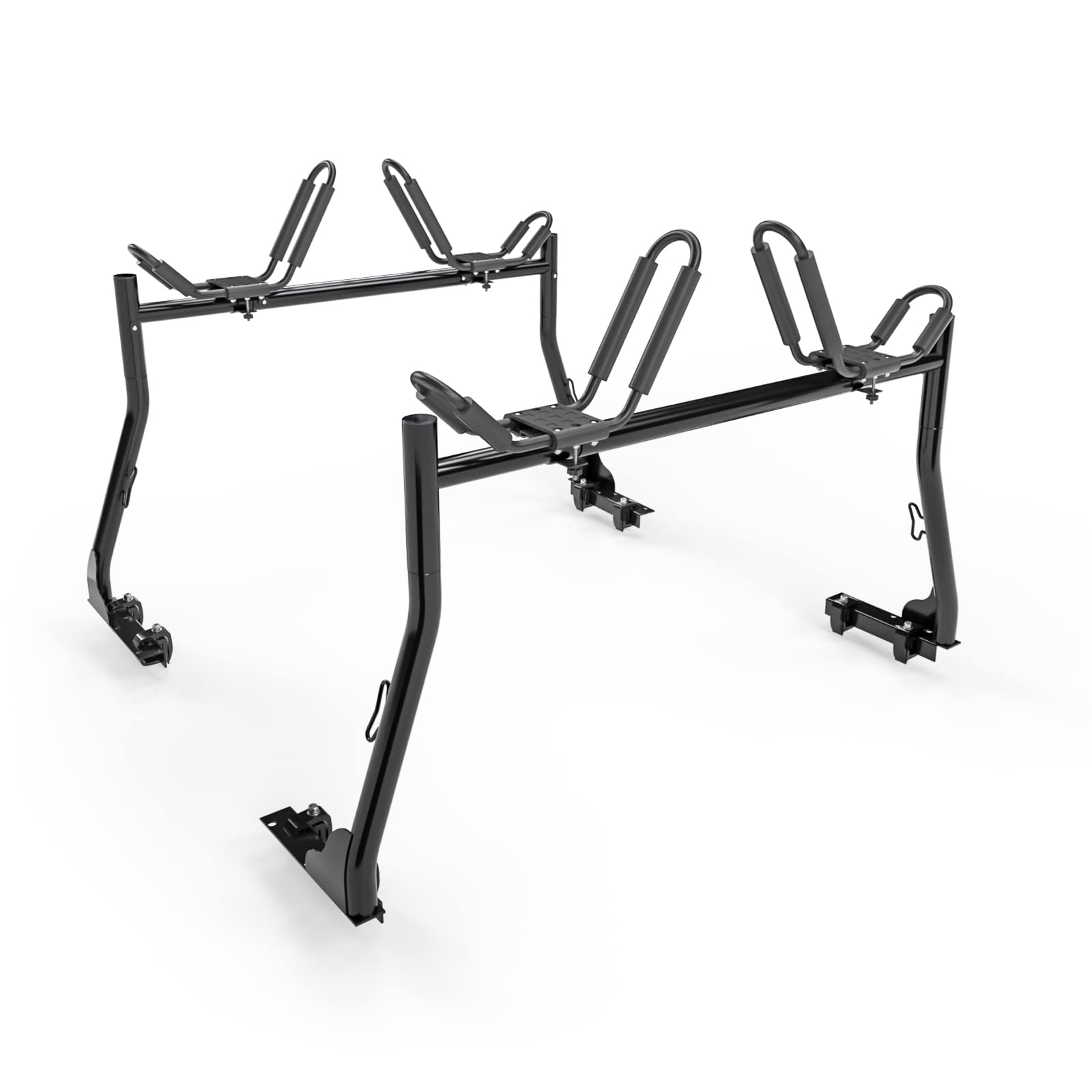 Heavy Duty AA-Racks Model X31 Truck Ladder Rack with 8 Non-Drilling C-Clamps - Includes 2 Kayak J-Racks, Ratchet Lashing Straps & Bow/Stern Tie Down Straps (2-Pack) - Perfect for Truck Accessories, Construction Work & Outdoor Kayak Transport